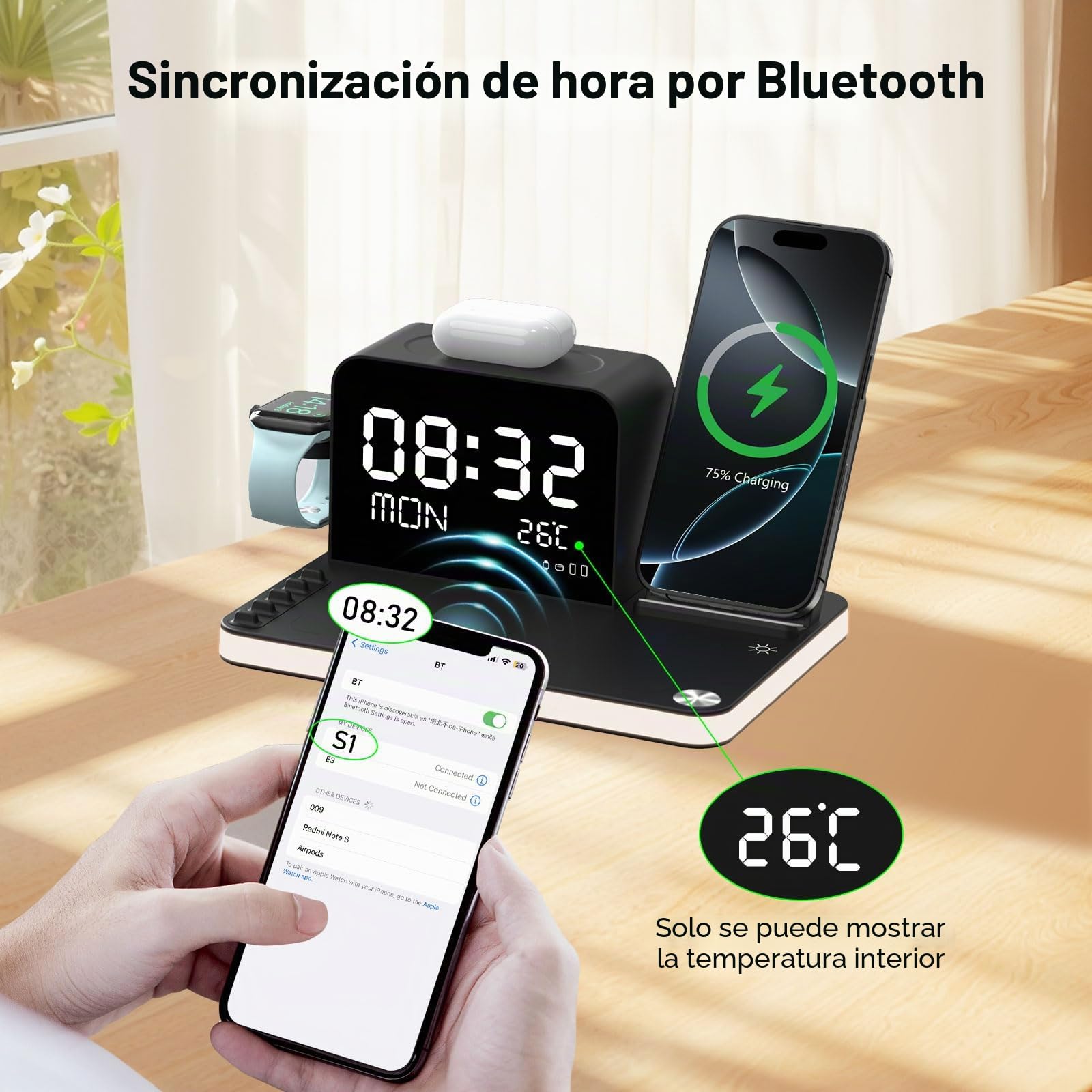 Cargador inalámbrico 7 en 1 con reloj, temperatura y fecha, compatible con iPhone 17/16/15/14/13 Pro Max, AirPods, Apple Watch, compatible con Samsung S25/S24, luz nocturna ajustable, adaptador de 33W