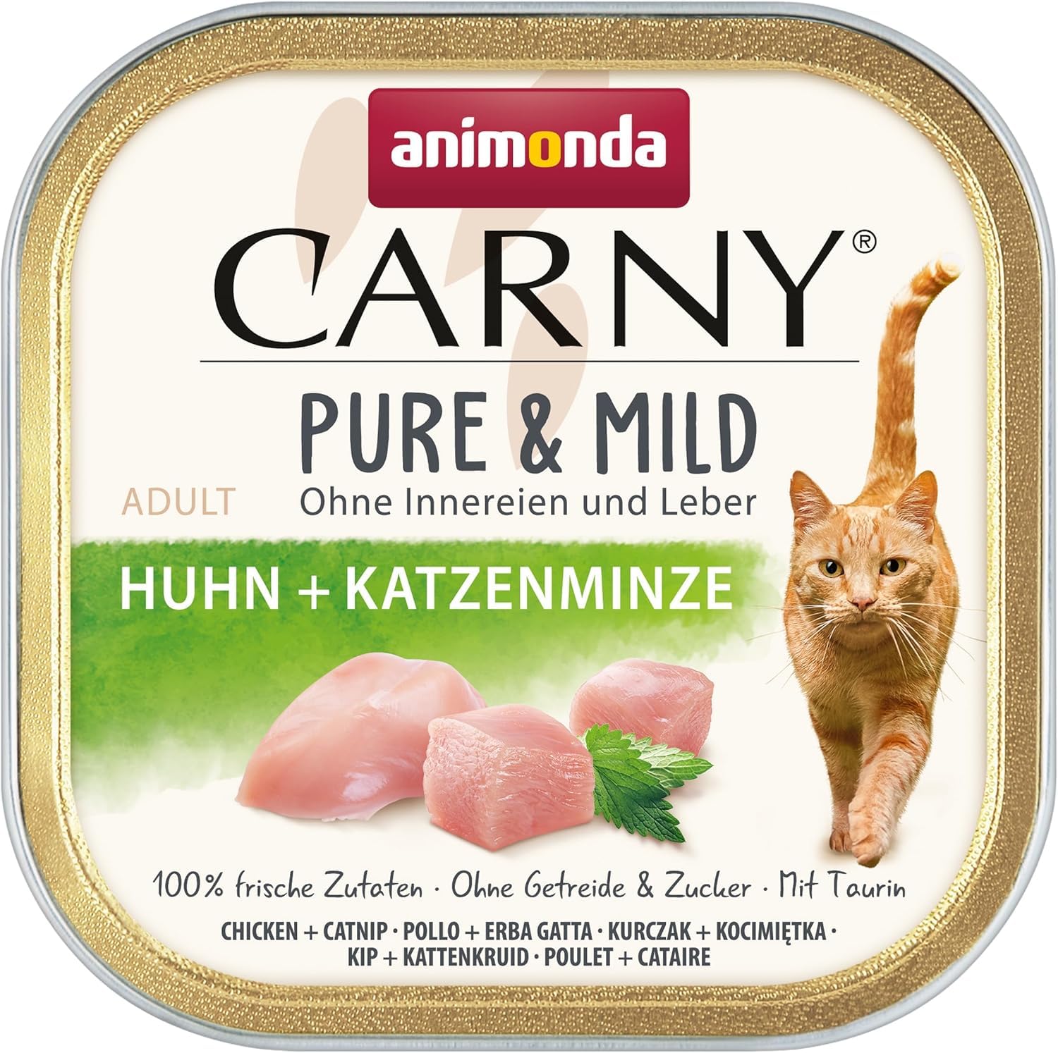 animonda Carny Adult Pure & Mild Huhn + Katzenminze (32 x 100 g), Nassfutter für sensible Katzen, Katzenfutter ohne Getreide und Zucker, leicht verdauliches Katzennassfutter mit Huhn