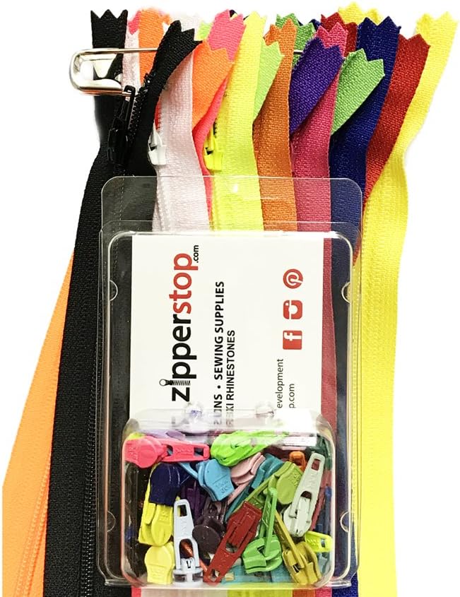 ZipperStop Wholesale - Zipper Repair Kit Solution #3 Coil YKK® Brand Slider use in Sewing or Jewelry -Choice of Brights, Neutrals, or Mix (YKK Bright Set - 12pcs 22 inches Zippers / 30 Pulls)