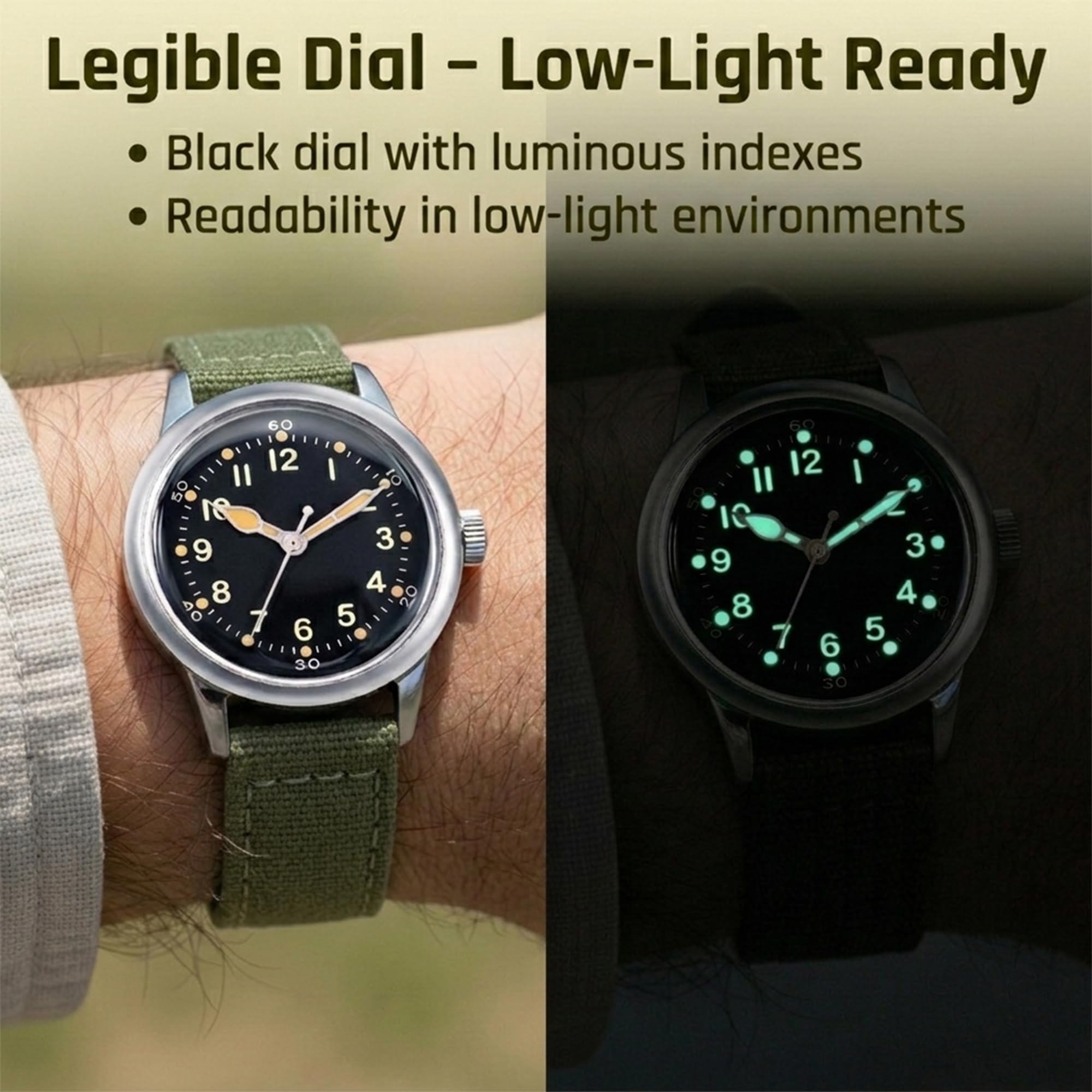 PRAESIDUS | 𝗔-𝟭𝟭 𝗦𝗲𝗿𝘃𝗶𝗰𝗲 𝗪𝗮𝘁𝗰𝗵 - Orologi da Polso da Uomo Militari - Quadrante Bianco da 38 mm e Cinturino in Tela Verde, Assemblato negli USA, Automatico