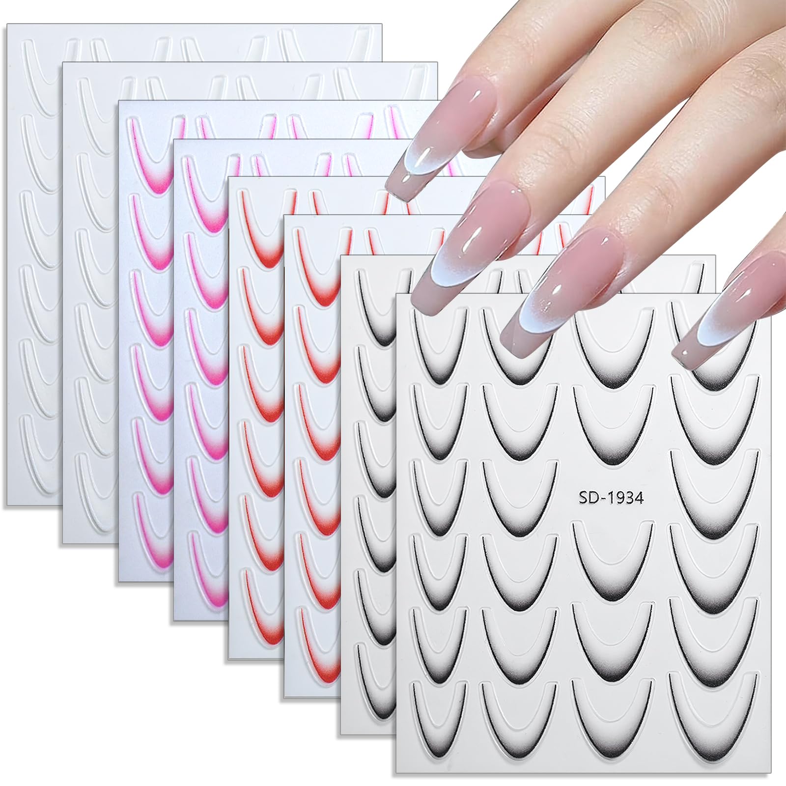 Jremg 3D French Tip Nail Stickers Kit - Reusable Self-Adhesive Nail Art Decals with Geometric Patterns, DIY Manicure Designs for Women, 10 Sheets Easy