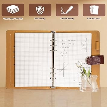 Ring Binder A5 Refillable 60 Sheets Paper A 6 Hole Checked A5 Refill Paper Refillable Refill Paper Refill Inserts for A5 Notebooks Diaries Sketches Agendas Planner