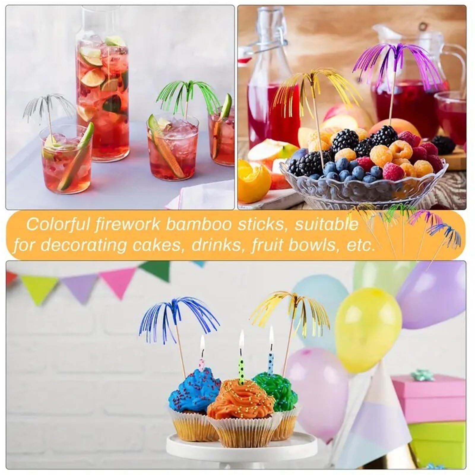 Palitos de cóctel de fuegos artificiales, 300/600/1200 unidades, palitos de fuegos artificiales empaquetados para frutas, postres, fiestas de cumpleaños, celebraciones y eventos (1200 unidades)