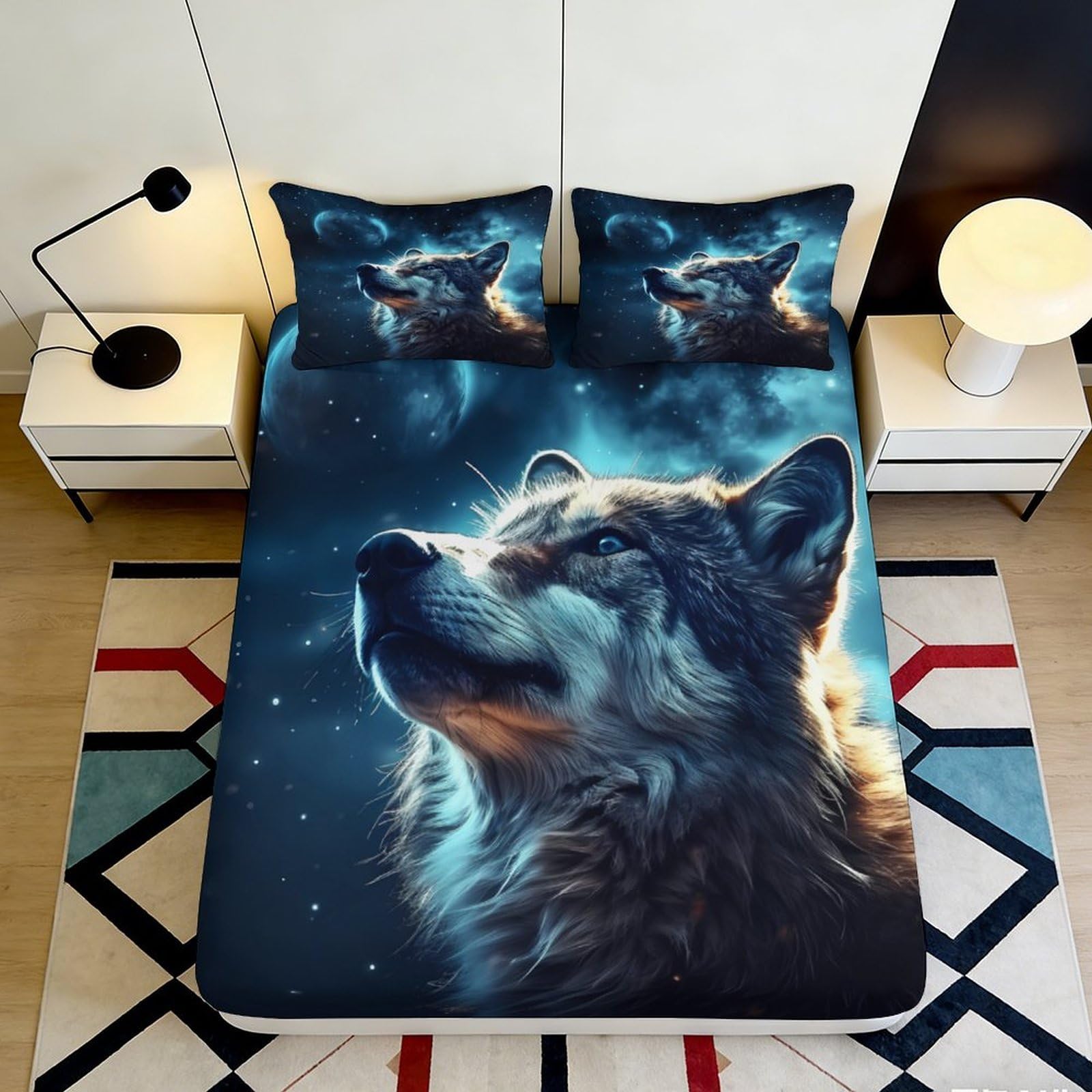 3D Printed Wolf Galaxy Fitted Sheet Microfiber Soft Durable Cosmic Nebula Bed Cover for Bedroom Dormitory Guest Room Mattress Protection Decoration 160x200x25cm