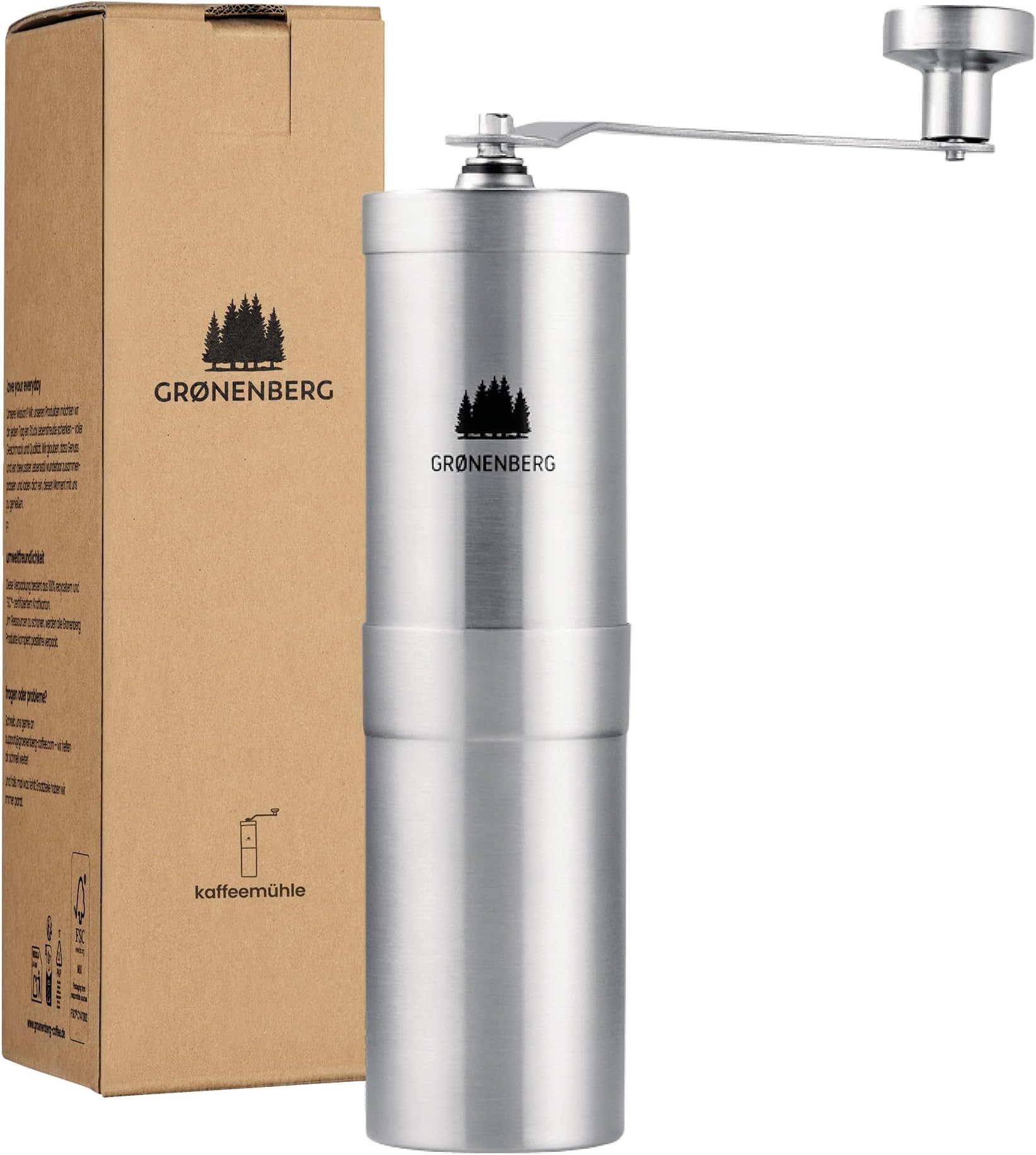 Grönenberg Manual Coffee Grinder with Ceramic Grinding Mechanism, Coffee Grinder, Espresso Grinder, Stainless Steel, Fully Adjustable Coarseness Setting