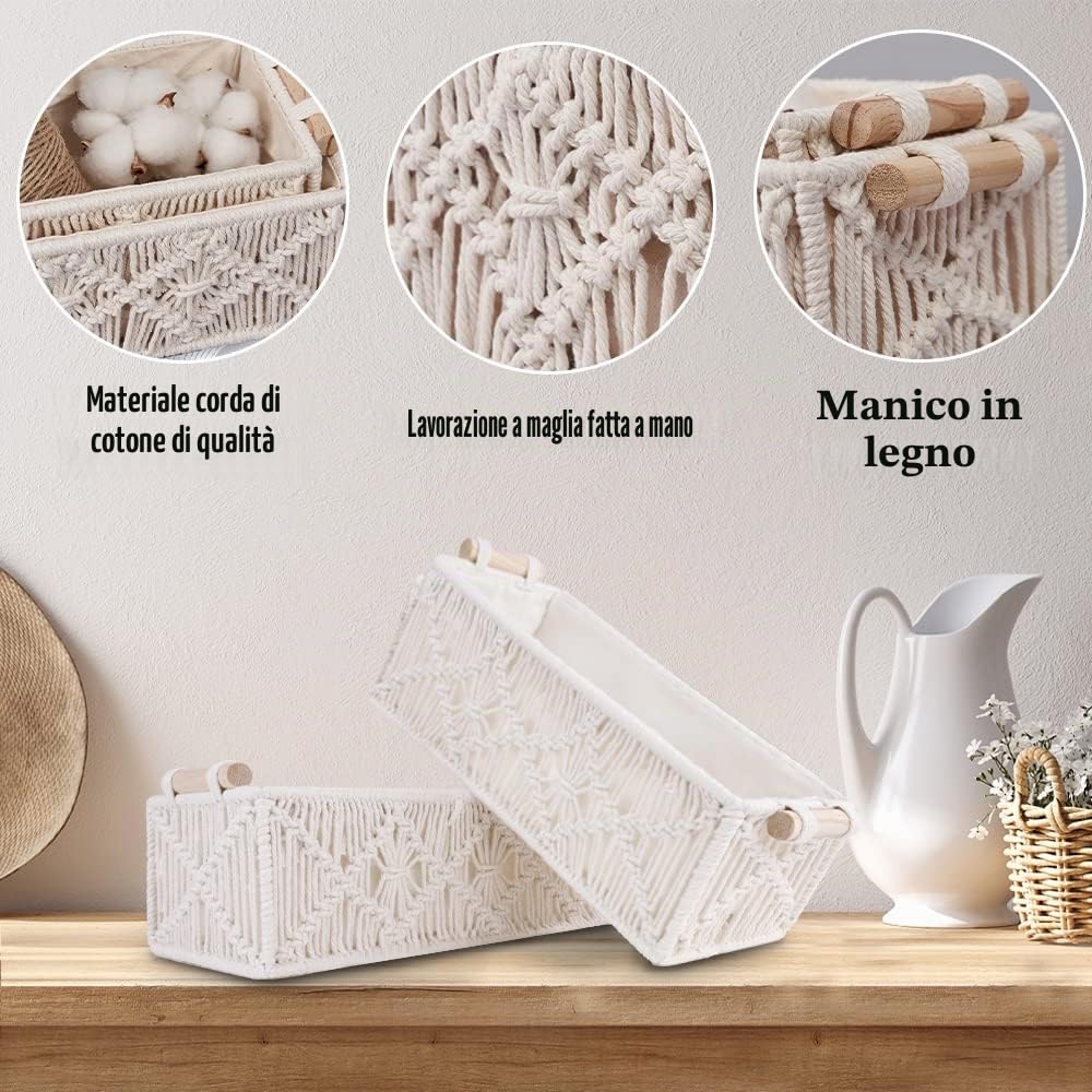 2 cesti in macramè con manici in legno, decorazione per il bagno bohémien, per scaffali, piani di lavoro fatti a mano, per la camera da letto