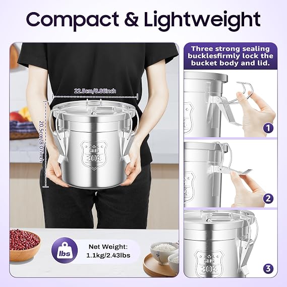 6L Stainless Steel Canisters, Canisters Container with Lids and Locking Clamp, Bucket Food Storage Containers Airtight for Rice, Flour, Grain, Coffee Bean