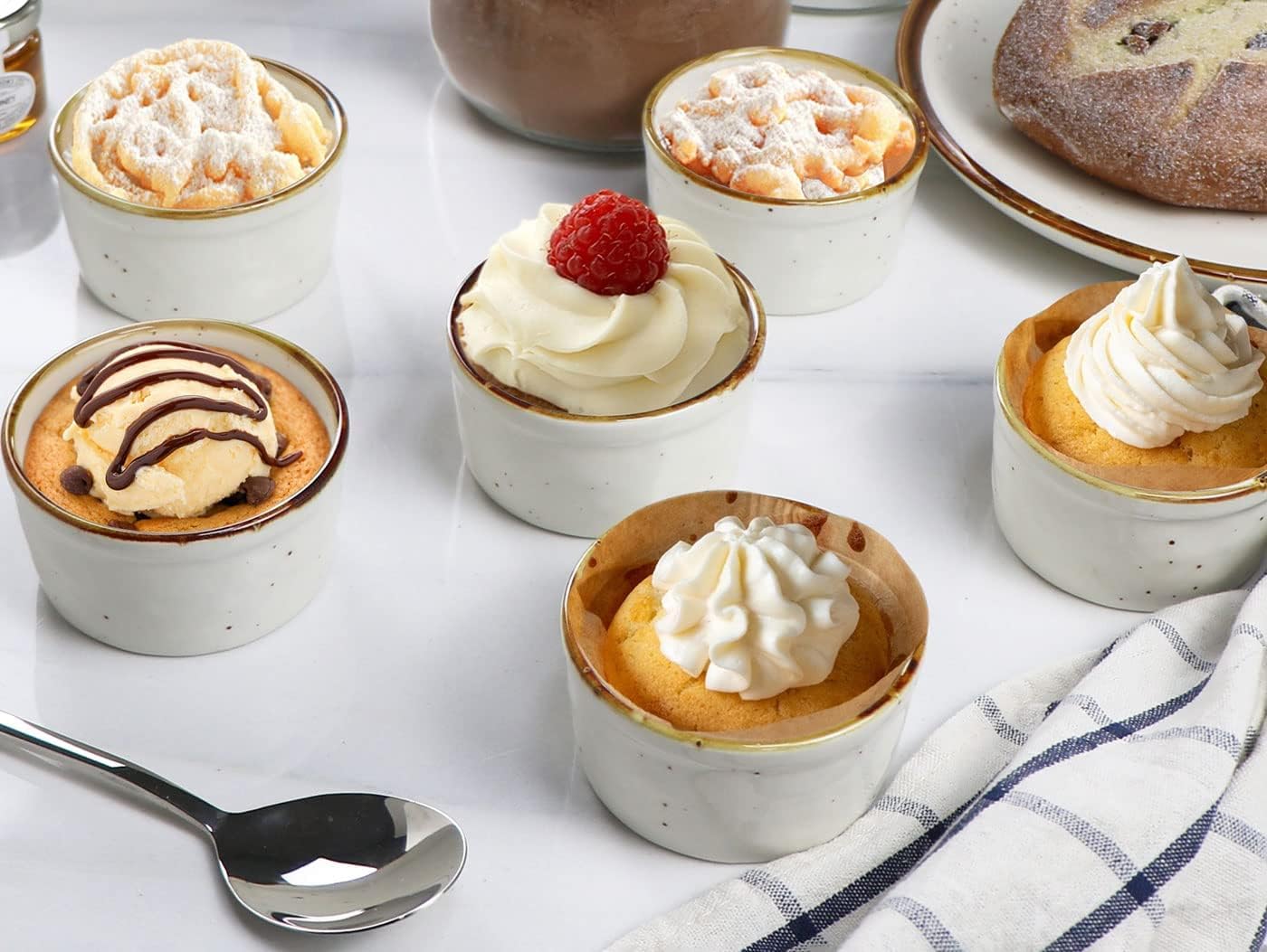 ONEMORE Ramekins 4 oz, Oven Safe Creme Brulee Ramekin Set of 6 for Baking, Speckled Ceramic Souffle Dishes with Brown Rim for Pudding Ice Cream, Porcelain Custard Cups Mini Bowls - Creamy White