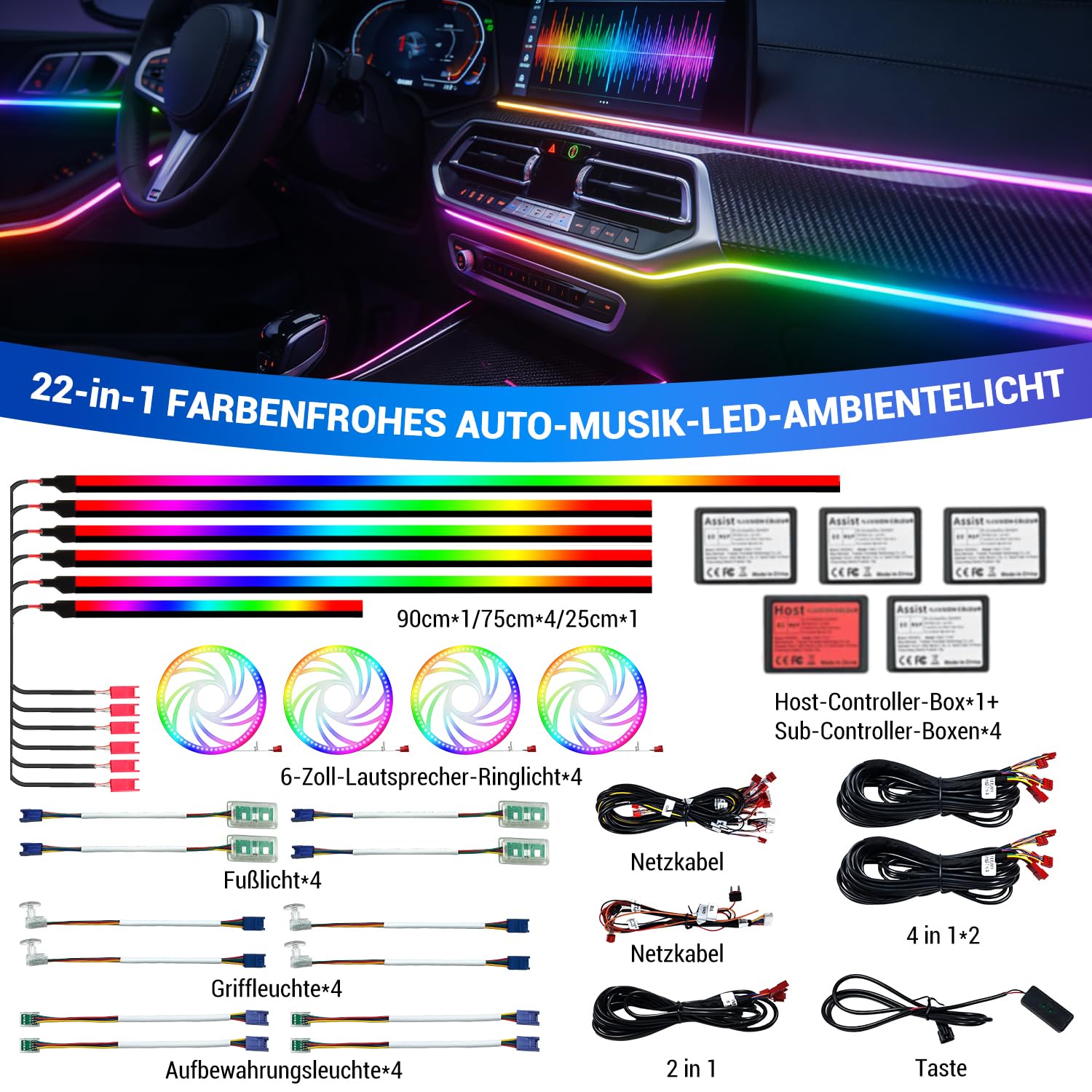 Illuminazione per interni auto, 22-in-1 HMYC 128 strisce luminose LED in fibra ottica acrilica colorate, illuminazione ambientale decorativa universale con ritmo sincronizzato alla musica, controllo