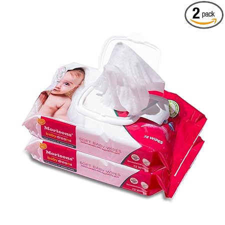 Morisons Baby Dreams Soft Baby Wipes With Lid - 72s Pack of 2| Dermatologically tested for baby's gentle skin | Goodness of Aloe Extract & Vitamin E | pH 5.5 | 97.5% Water Wipes | Mositurises & Protects Skin |Alcohol & Paraben Free | 144 Wipes