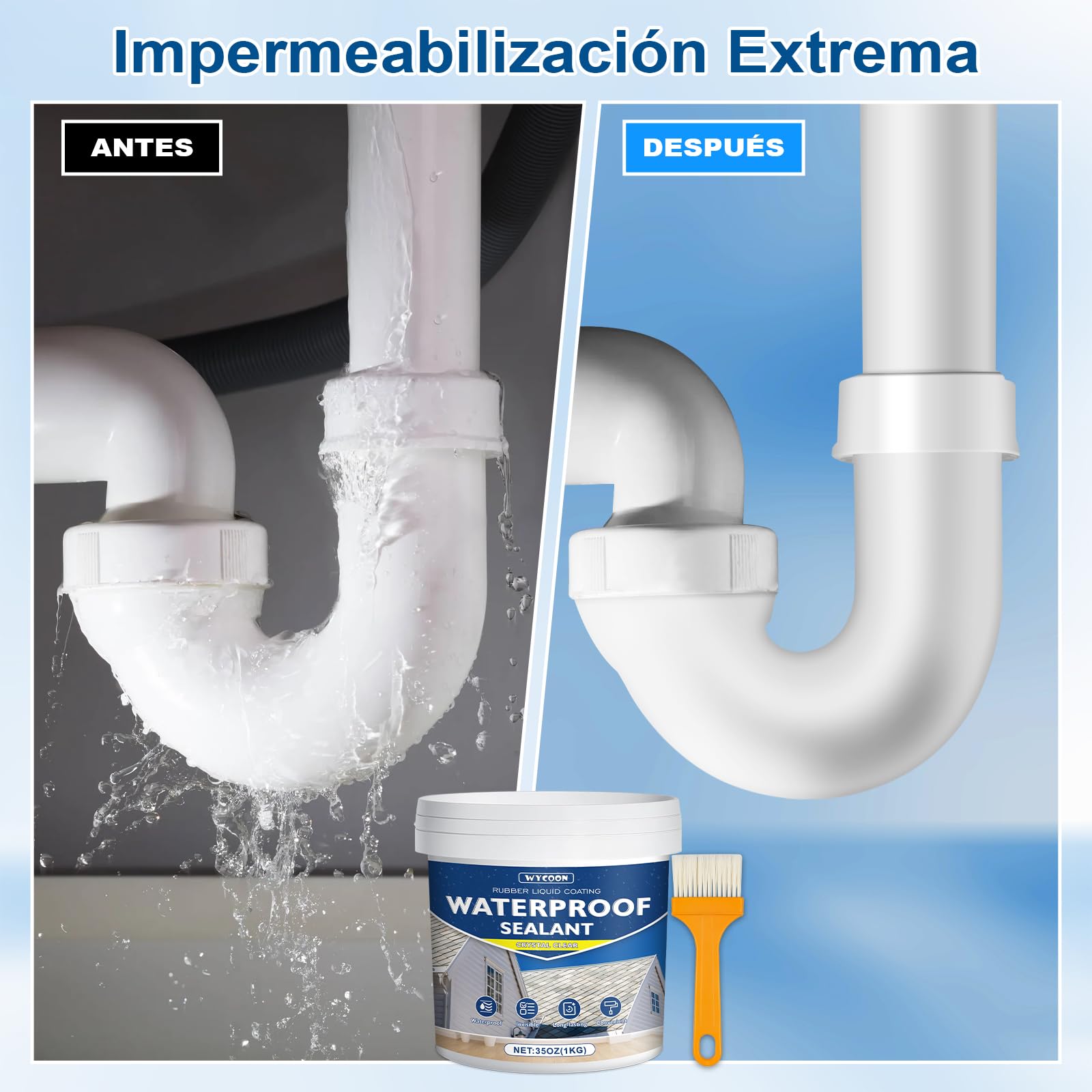 Impermeabilizante Transparente 1KG | Hidrofugante Invisible, Sellador Impermeable para Interiores y Exteriores | Reparación de Fugas en Baño, Inodoro, Tejado, Paredes, Azulejos