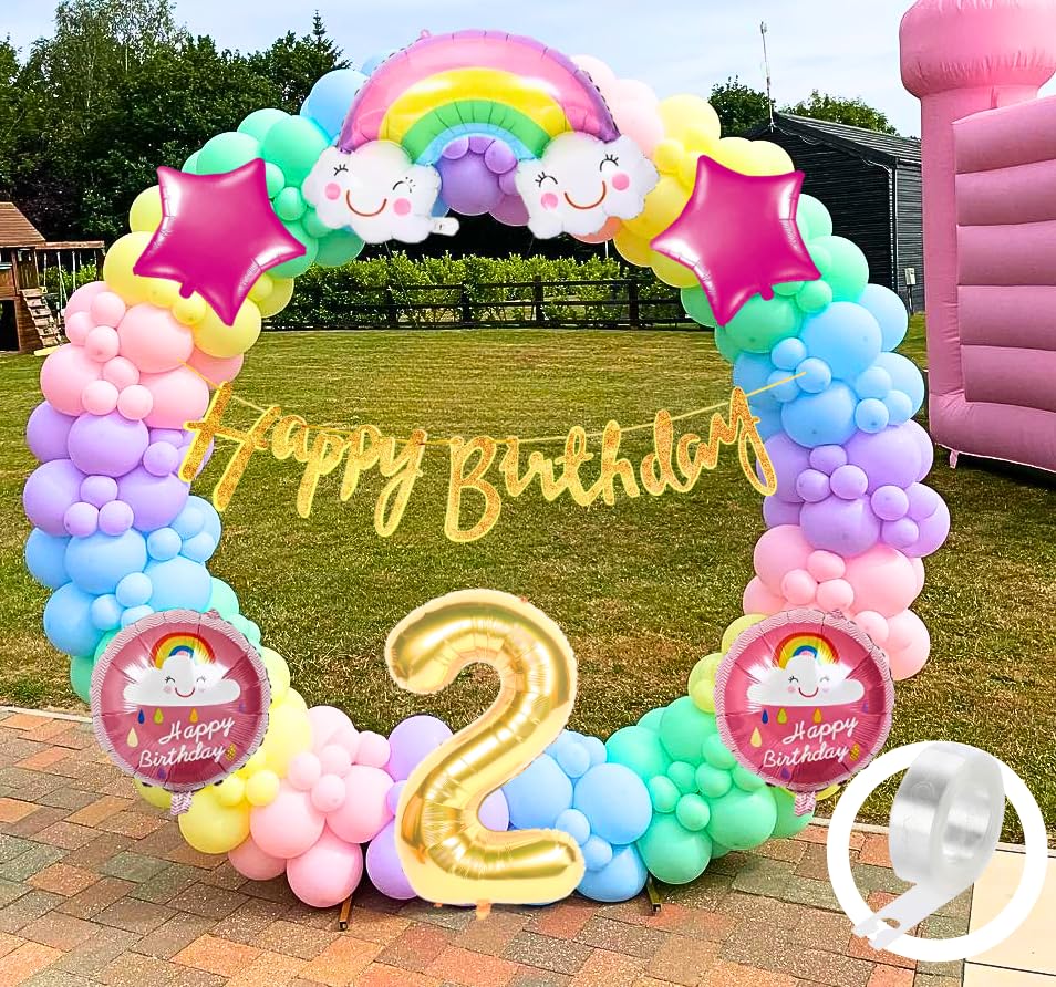 Latex Rainbow Theme 2Nd Birthday Decorations Kit Girls Boys Kids Baby Girl For 2 Year With Number Rainbow Pink Star Pink Purple Yellow Blue Green Pastel Balloons Happy Gold Banner, 58 Pcs