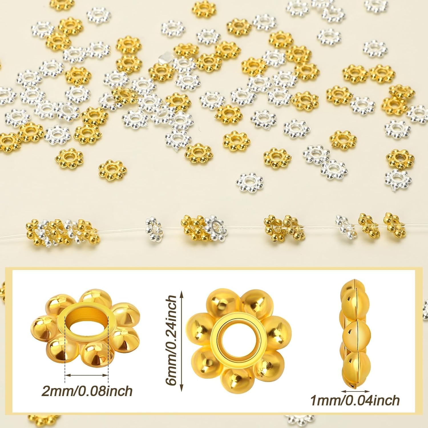 Augshy 700 Pcs Silver and Gold Daisy Flower Spacer Beads for Jewelry Making, Crafts, Hair Beads, Friendship Bracelets, Birthday Party Decorations - Image 2