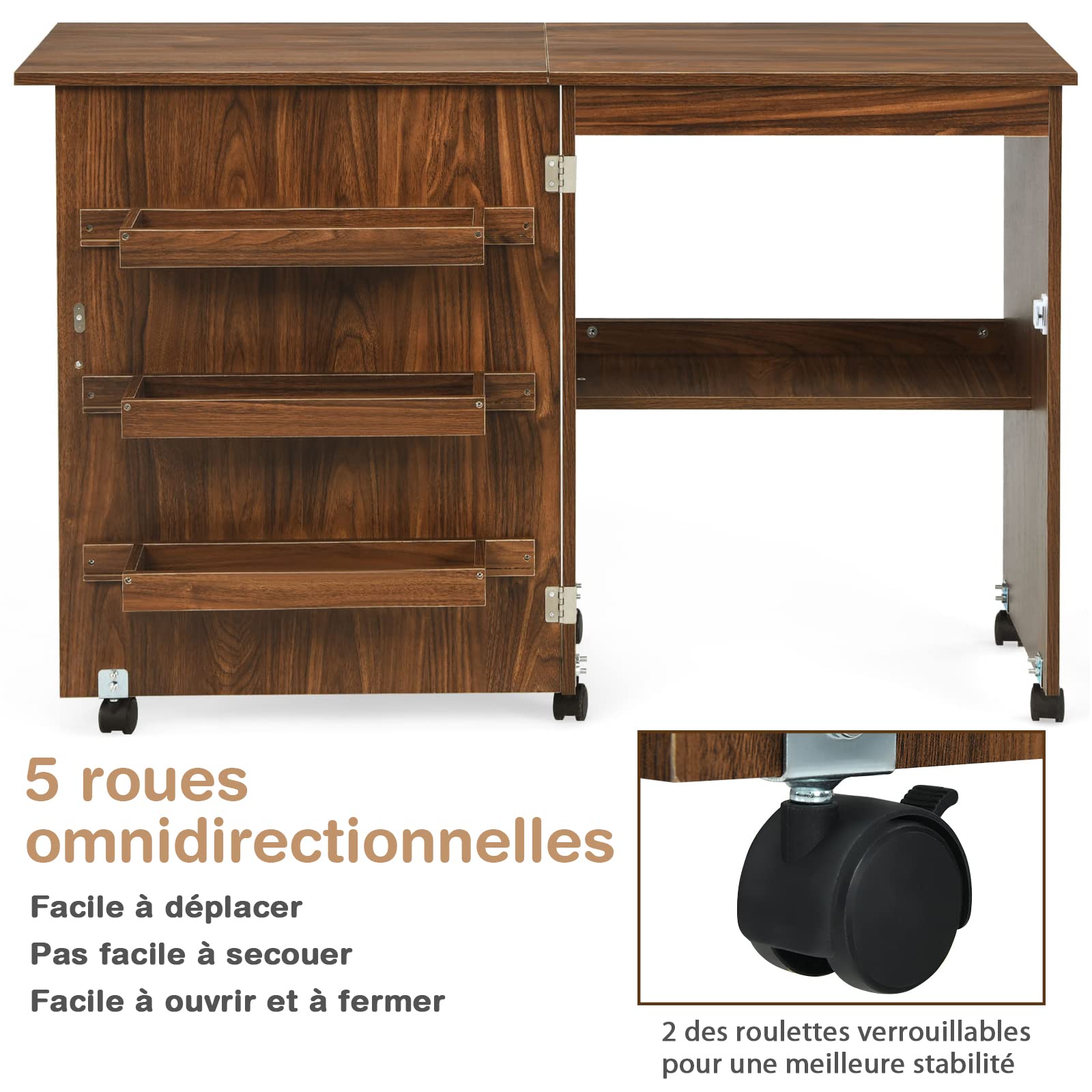 RELAX4LIFE Table Pliable pour Machine à Coudre avec 4 Etagères de Rangement, Armoire à Machine à Coudre avec roulettes avec Freins, Table Pliable en MDF, 117 x 40 x 77 CM, Blanc/Naturel/Brun (Brun)
