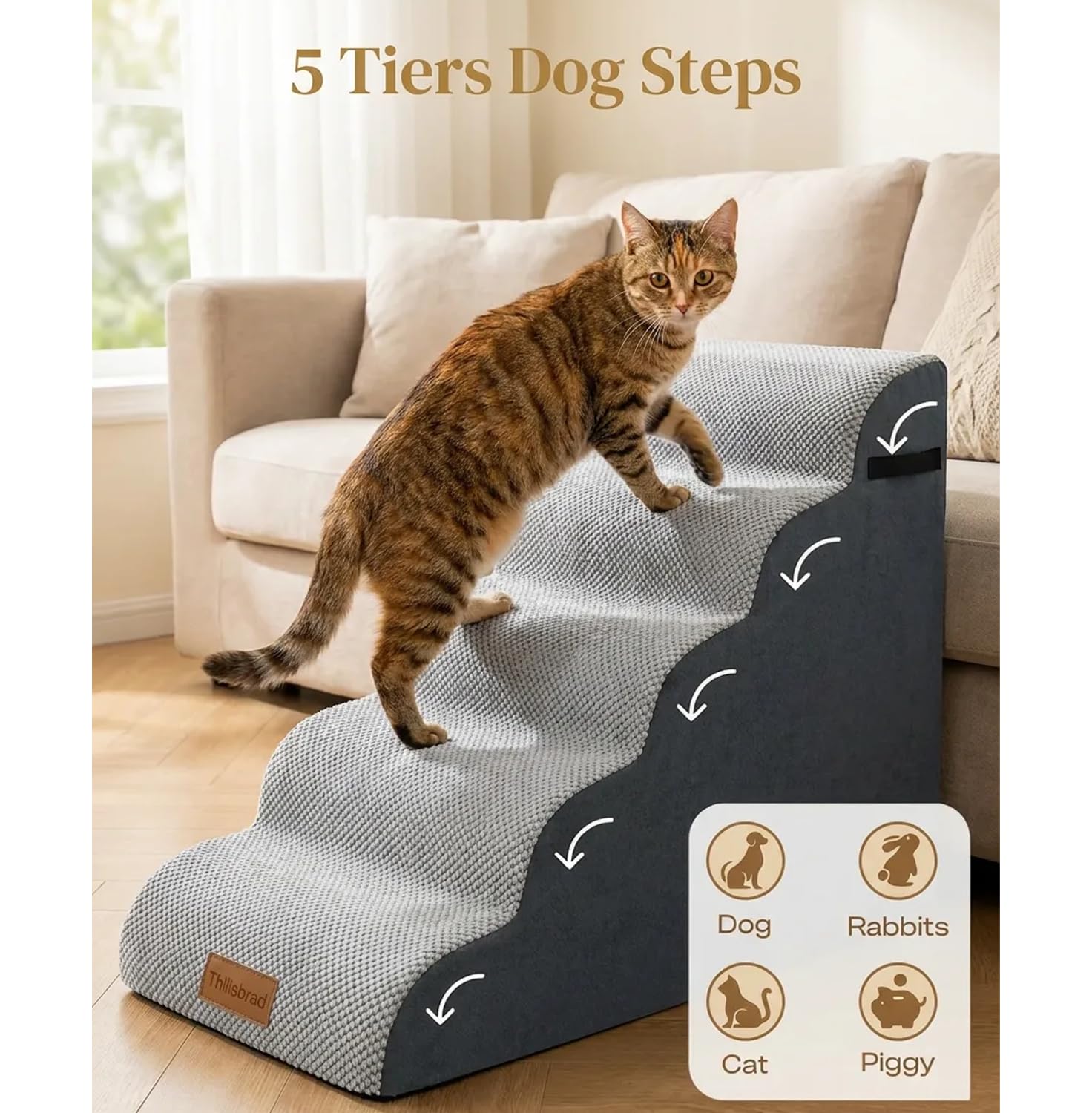 Breite Hundetreppe (62 cm hoch), 5 Stufen Tiertreppe aus hochdichtem Schaumstoff für kleine bis sehr große Hunde, rutschfeste Haustiertreppe mit waschbarem Bezug
