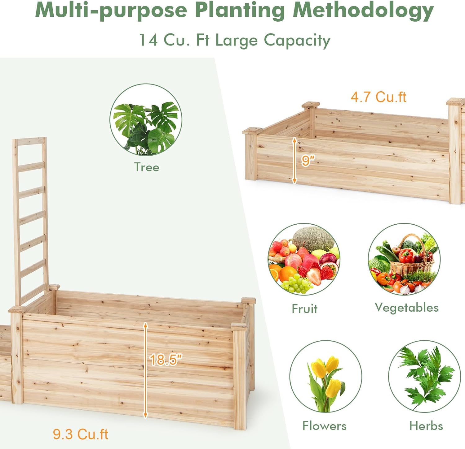 HAPPYGRILL Raised Garden Bed with Trellis, Wood Garden Box w/Open Base Design & 2 Compartments, Outdoor Wooden Planter Box Kit for Vine Climbing, Fruits, Vegetables, Flowers, Herbs, 88" x 25" x 53"