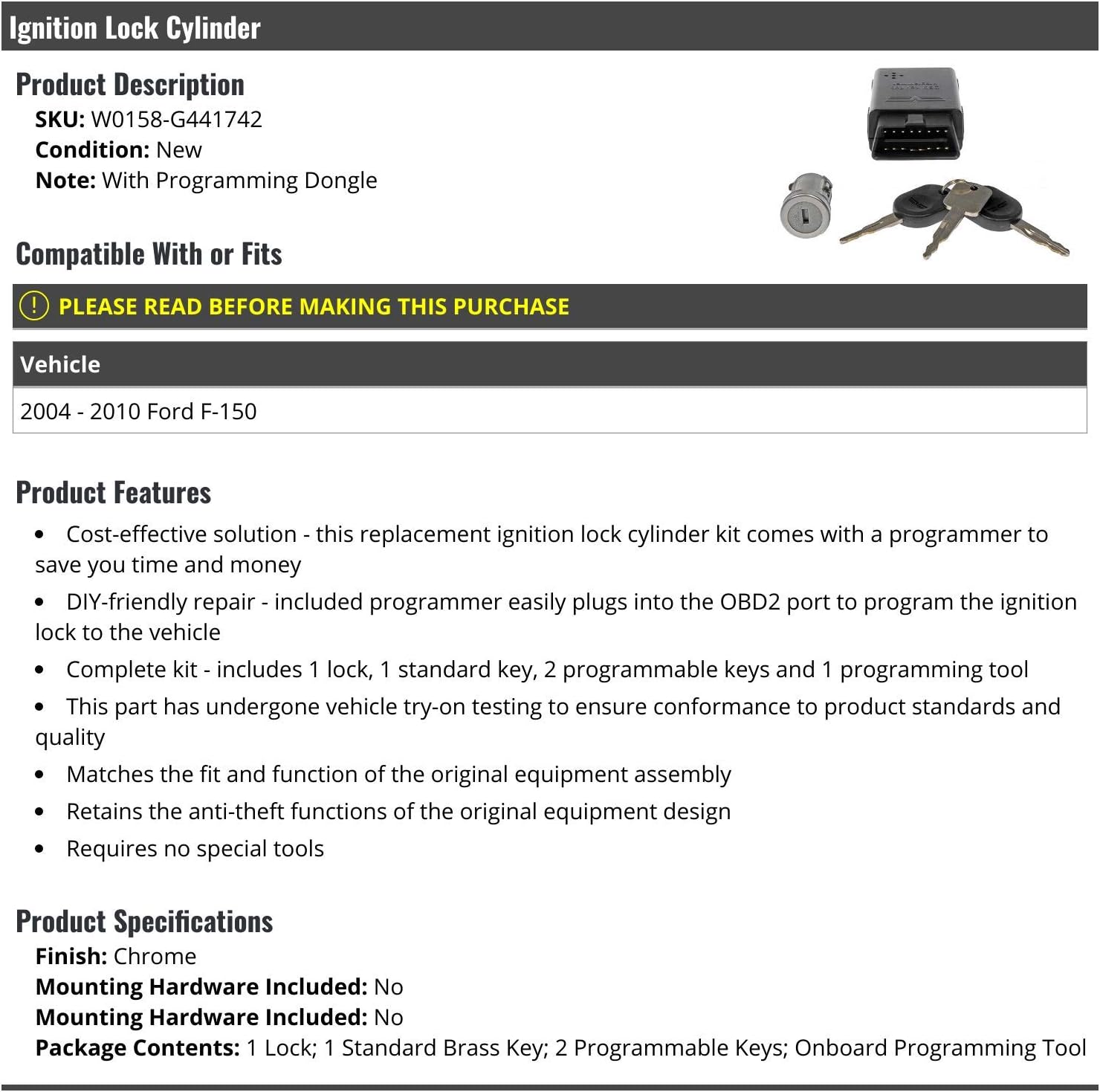 Ignition Lock Cylinder - with Programming Dongle and Keys - Compatible with 2004-2010 Ford F-150