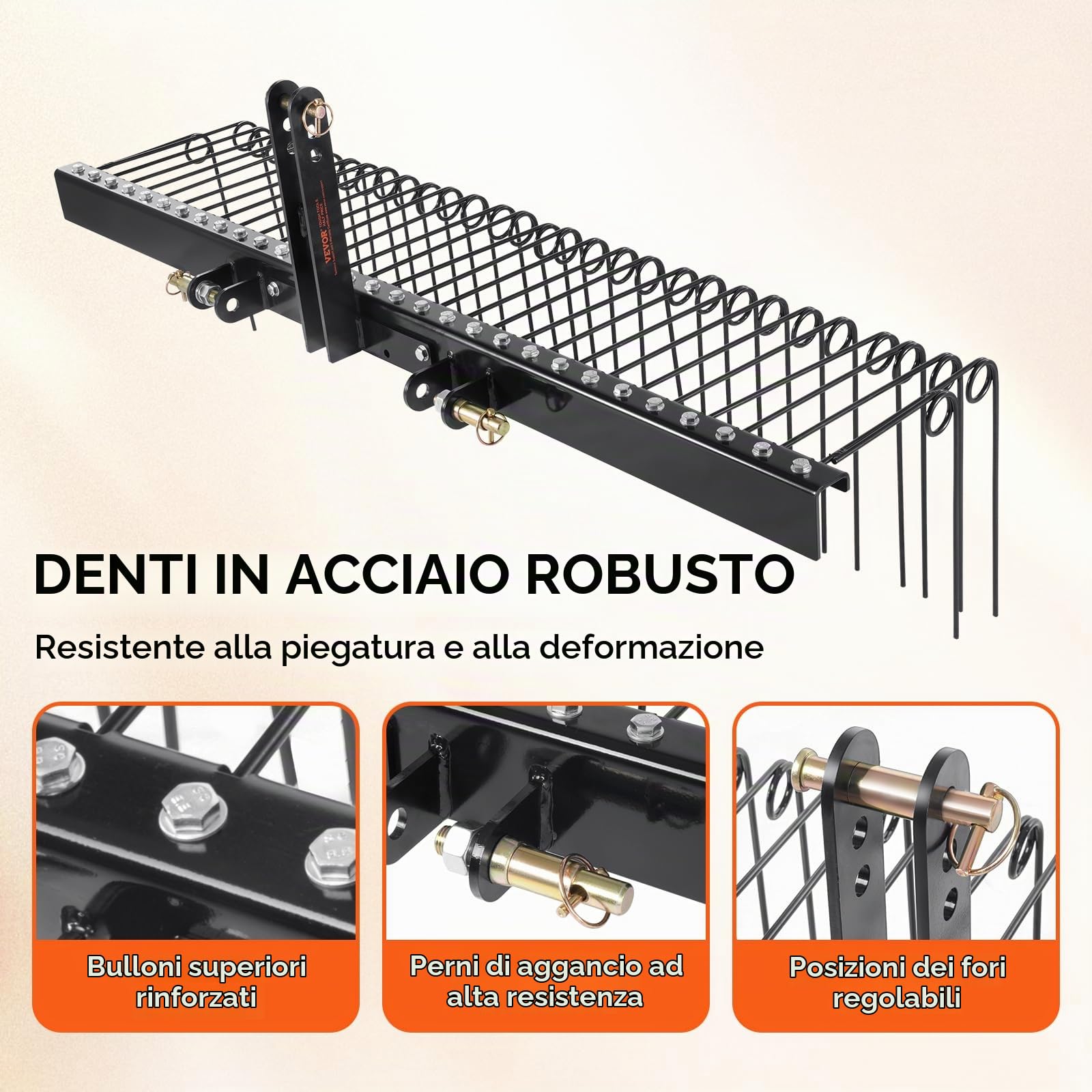 VEVOR Rastrello da Traino per Paesaggistica, Arieggiatore da Traino 1829 mm 32 Denti in Acciaio, Rastrello per Prato Si Attacca alla Categoria 1, Attacco a 3 Punti per Trattore, Foglie Paglia Erba