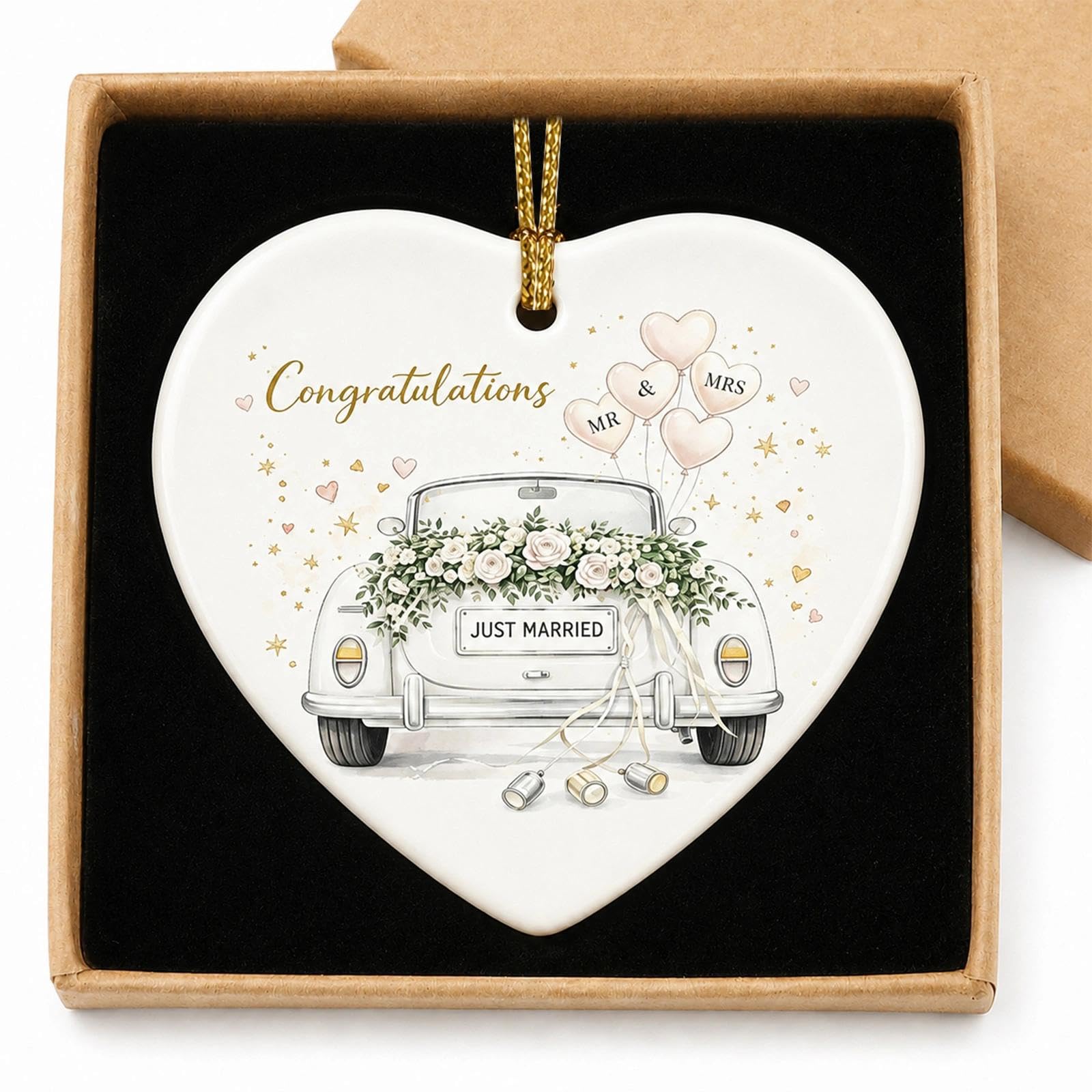 Wedding Gifts Mr And Mrs Gifts, Ceramic Heart Keepsake Ornament, Just Married Hanging Ornament with Box, Wedding Gifts for Couples Newlyweds, Engagement Present