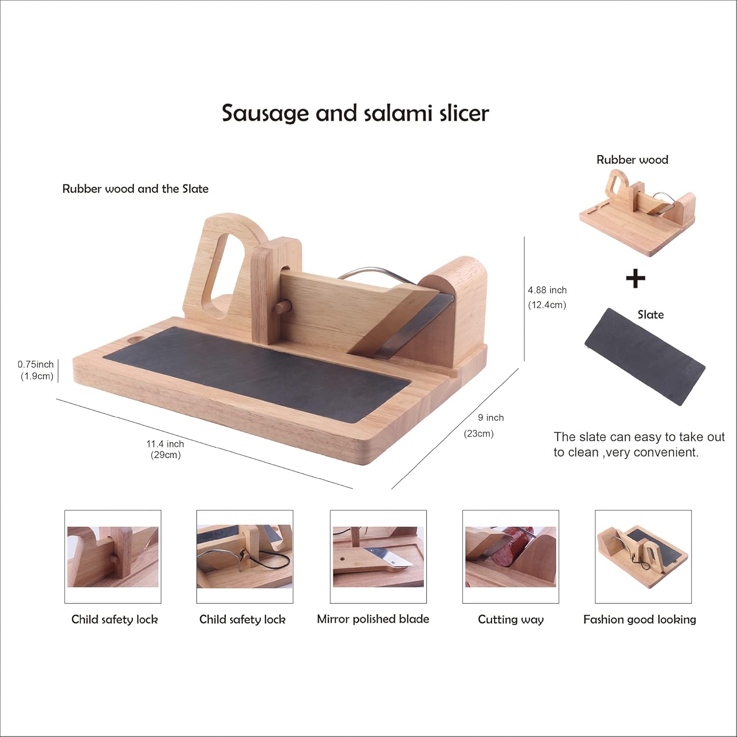 Sausage cutter CHIUSING Premium Sausage Salami Guillotine Slicer- Rustic Wooden Design & Sharp Stainless Steel Blade For Slicing Chorizo, Pepperoni & More Dried Meat Delicacies with child saft lock