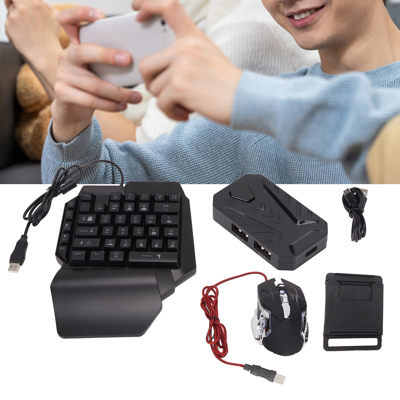 Combo de Teclado Mecánico para Juegos con una Sola Mano Y Mouse para Juegos con Convertidor de Teclado Y Mouse, Teclado Degradado LED RGB, Mouse de 6 Botones para(Mezcla Lite + F6 + G2)
