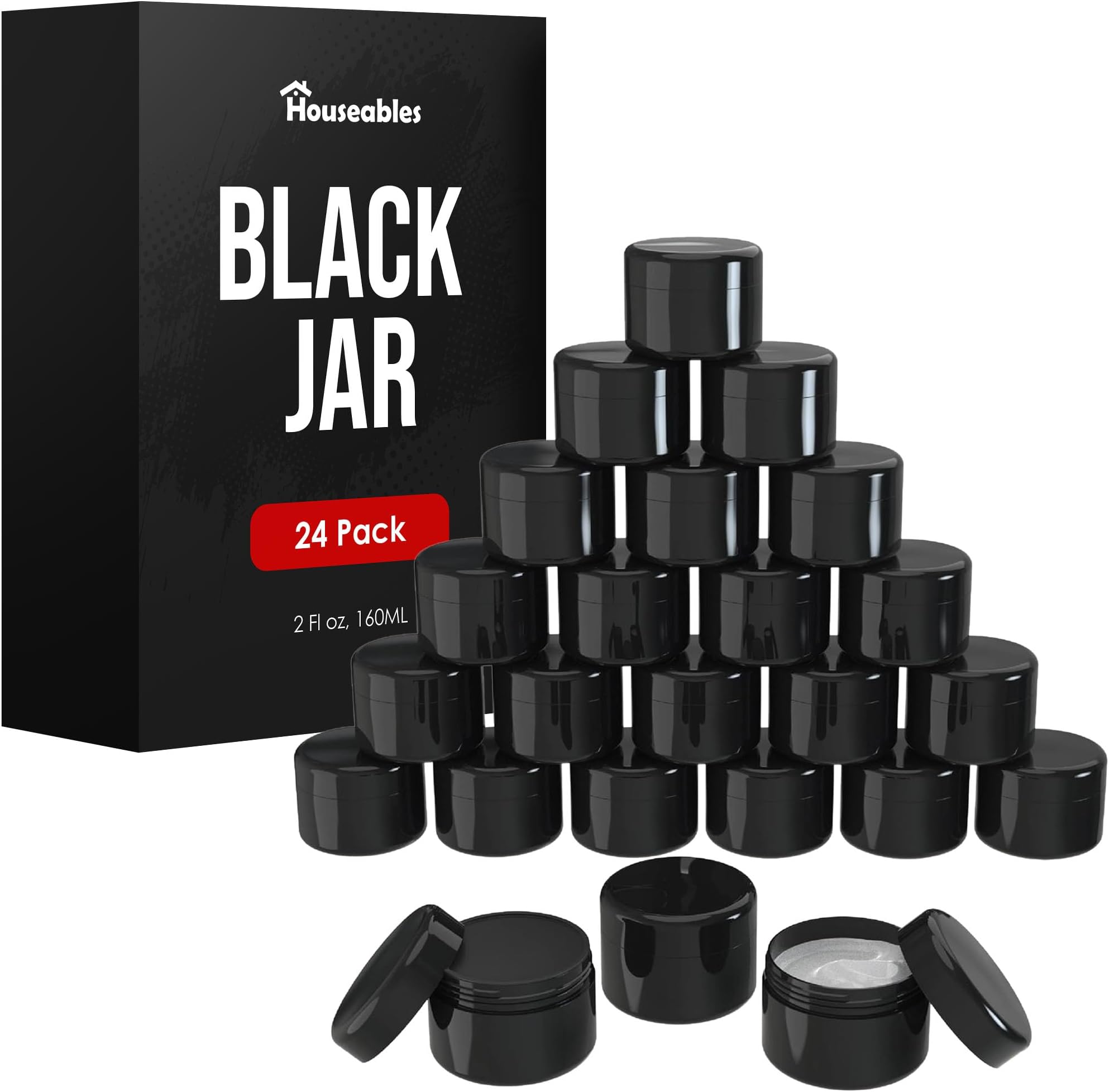 Cosmetic Containers With Lids, Black Jars, Lotion Container, 2 Oz Jars With Lids, Small Plastic Pot for Body Butter, Cream, Makeup, Powder, Body Scrub, Lip Scrub, Balm, Travel, Empty, 24 PK