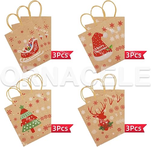 Miniatura 2 de ORNACELE 12 bolsas de regalo de Navidad, 12 bolsas de varios estilos, pequeñas bolsas de papel kraft con asas, bolsas de regalo de Navidad con