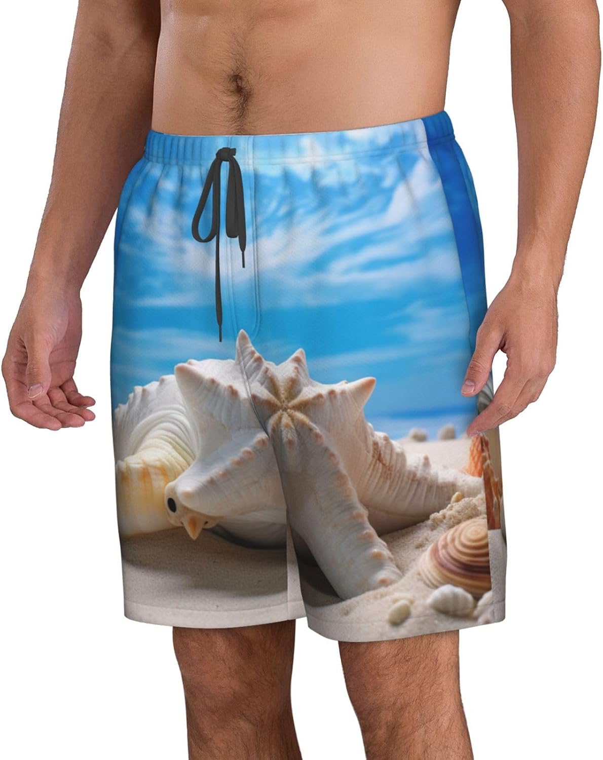 Mens Sea Conch Shell Starfish Turtle Print Beach Shorts,Casual Summer Shorts for Men,Quick Dry Polyester