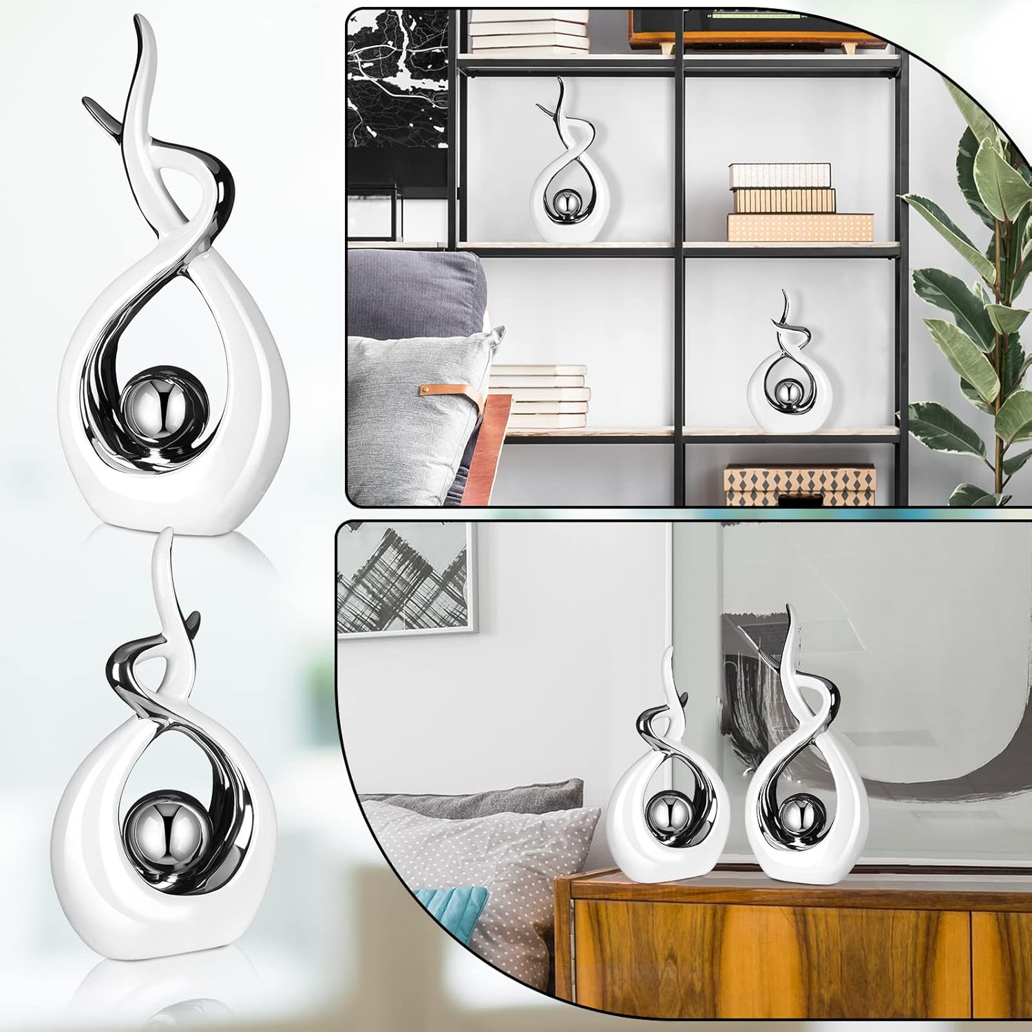Gerrii 2 Pcs Modern Room Ceramic Decor Center Pieces Table Decorations Ceramic Statue Coffee Table Decor Centerpiece for Home Office Coffee Living Room, 2 Size(White, Silver)