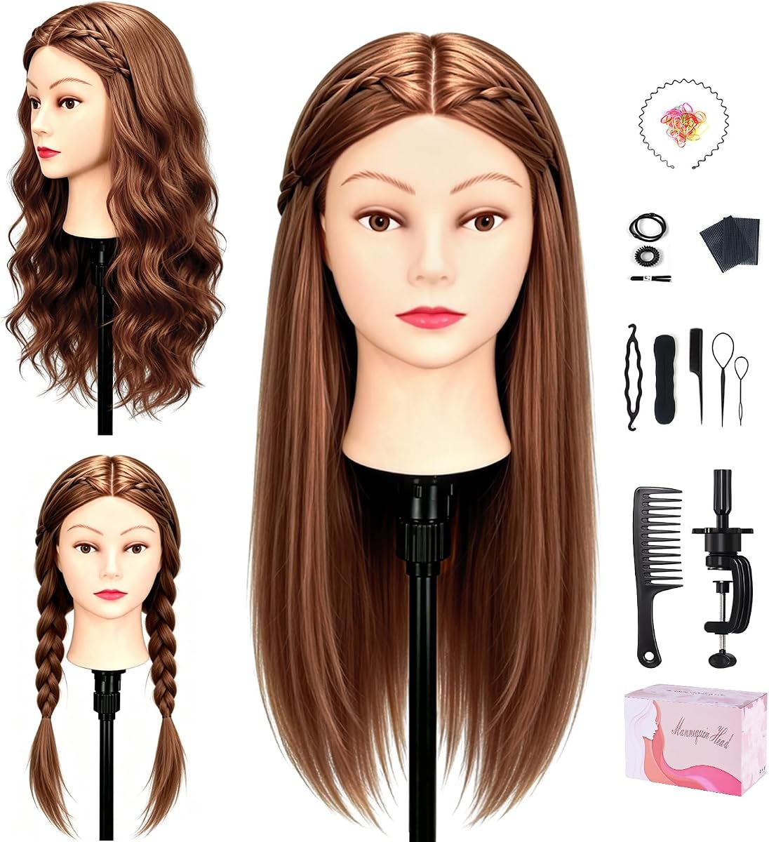 Cabeza de maniquí de cabello de 22-24 pulgadas, cabeza de maniquí de cabello 100% humano para cosmetología | Cabeza de Maniquí de pelo Real marrón oscuro, cabeza de muñeca para trenzar cabello, estilismo, práctica de peluquería, cabeza de entrenamiento con soporte de abrazadera y herramientas