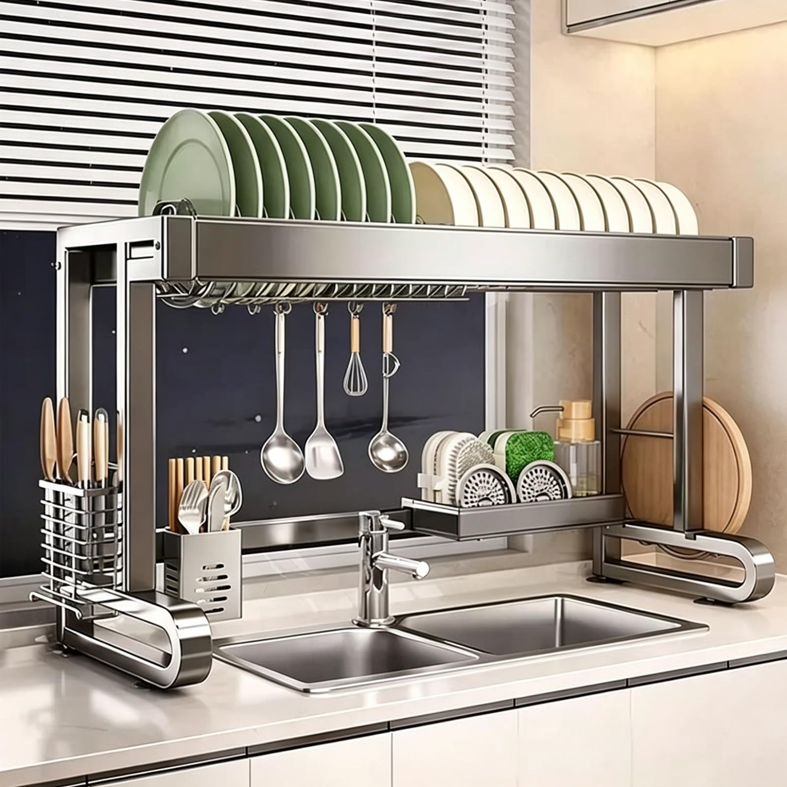 Escurreplatos sobre el Fregadero de Acero Inoxidable 304, Altura Ajustable, Ahorro de Espacio, Adecuado para el Fregadero de la Cocina, Ideal para secar Platos(Single Layer,76cm/29.9in)