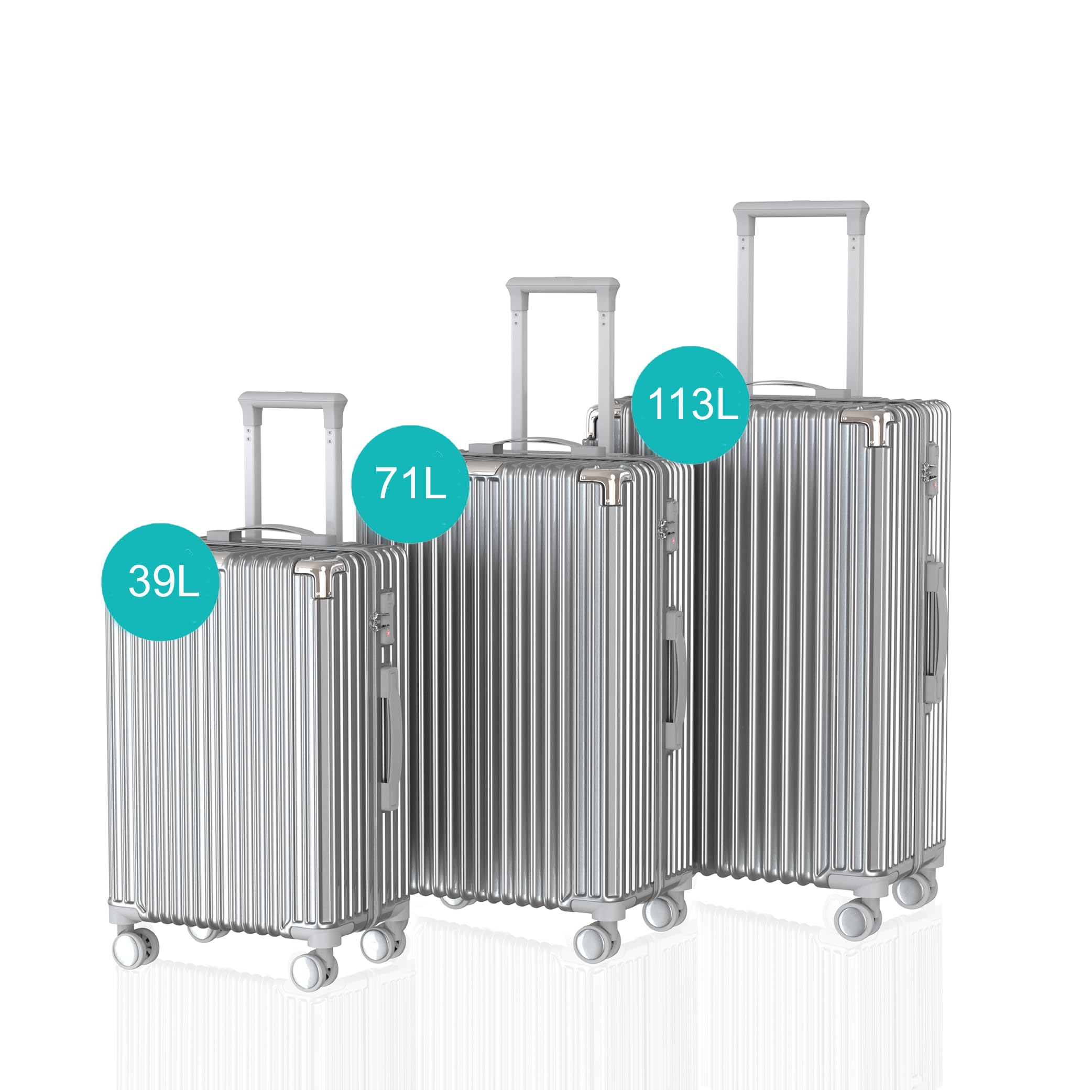 Voyagoux zestaw walizek z twardą obudową, zamek TSA, ABS, 4 x kółka 360°, wytrzymała i lekka obudowa, kolor srebrny, srebro, S/M/L