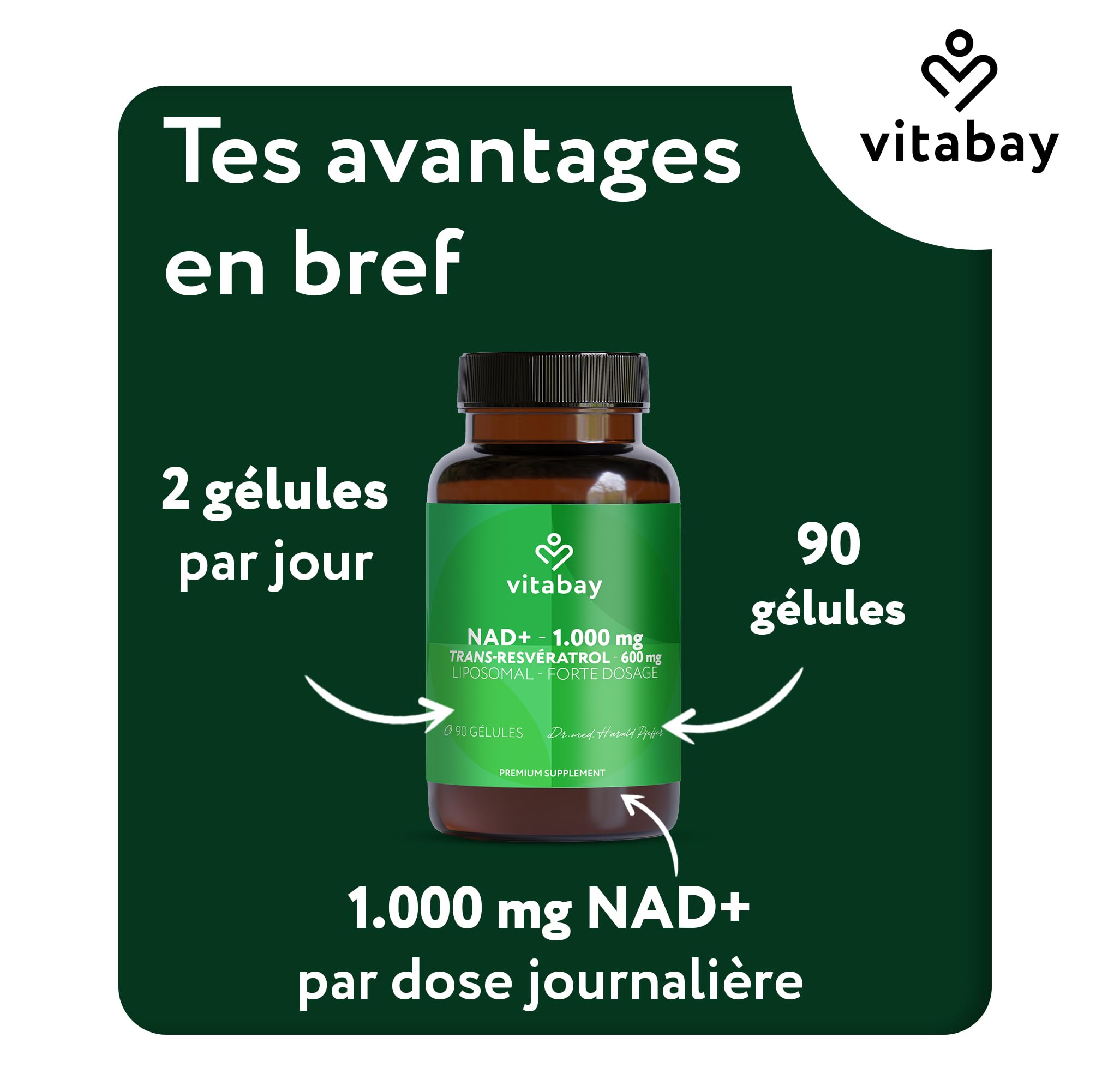 Vitabay NAD+ liposomal 1000 mg avec trans-resvératrol 600 mg - 90 softgels végétaliens - haut dosage, vegan, testé en laboratoire en Allemagne - complément NAD - sans OGM - 45 jours