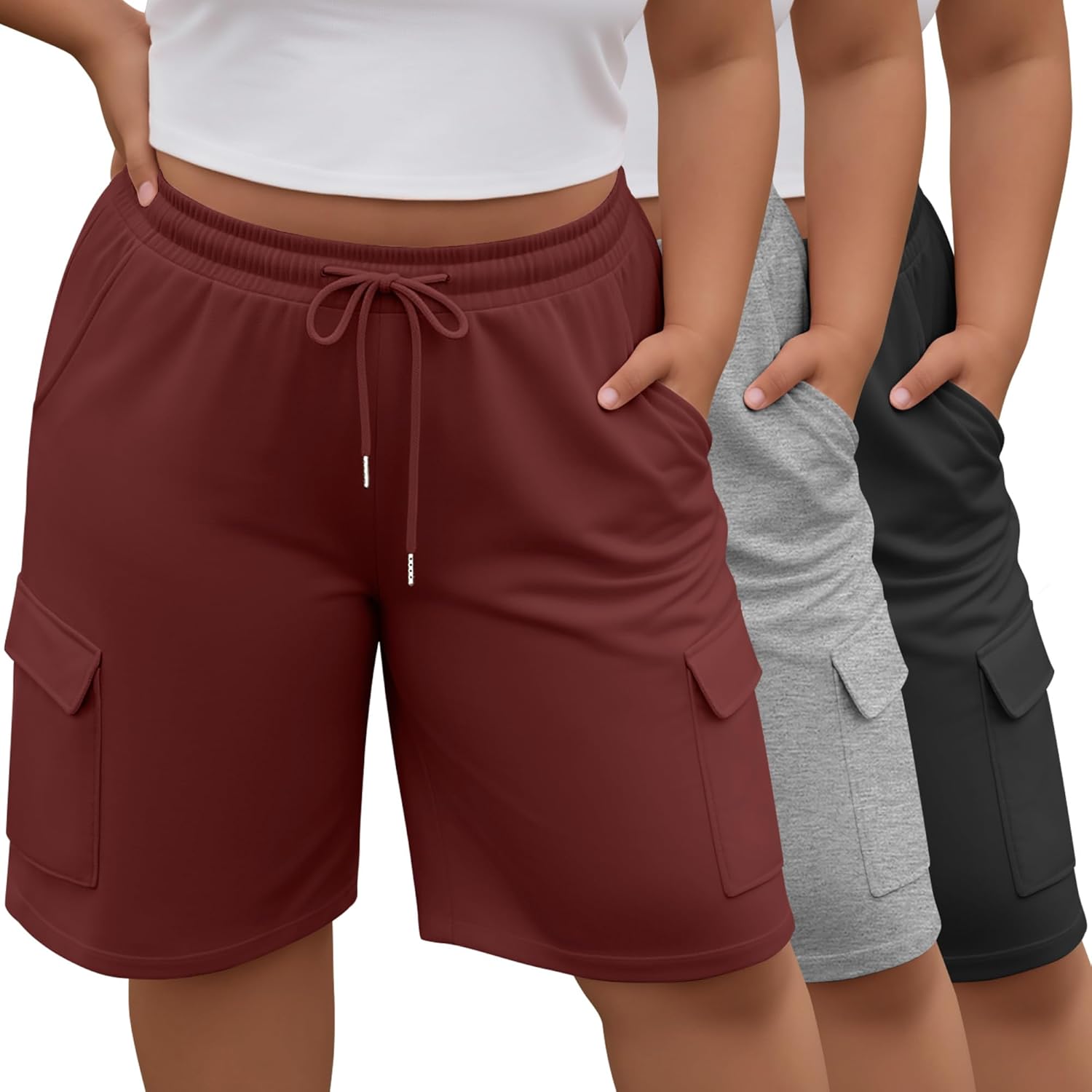Neer 3 Pack Women's Plus Size Cargo Shorts Elastic Drawstring Bermuda Short Casual Loose Athletic Yoga Shorts with 4 Pockets