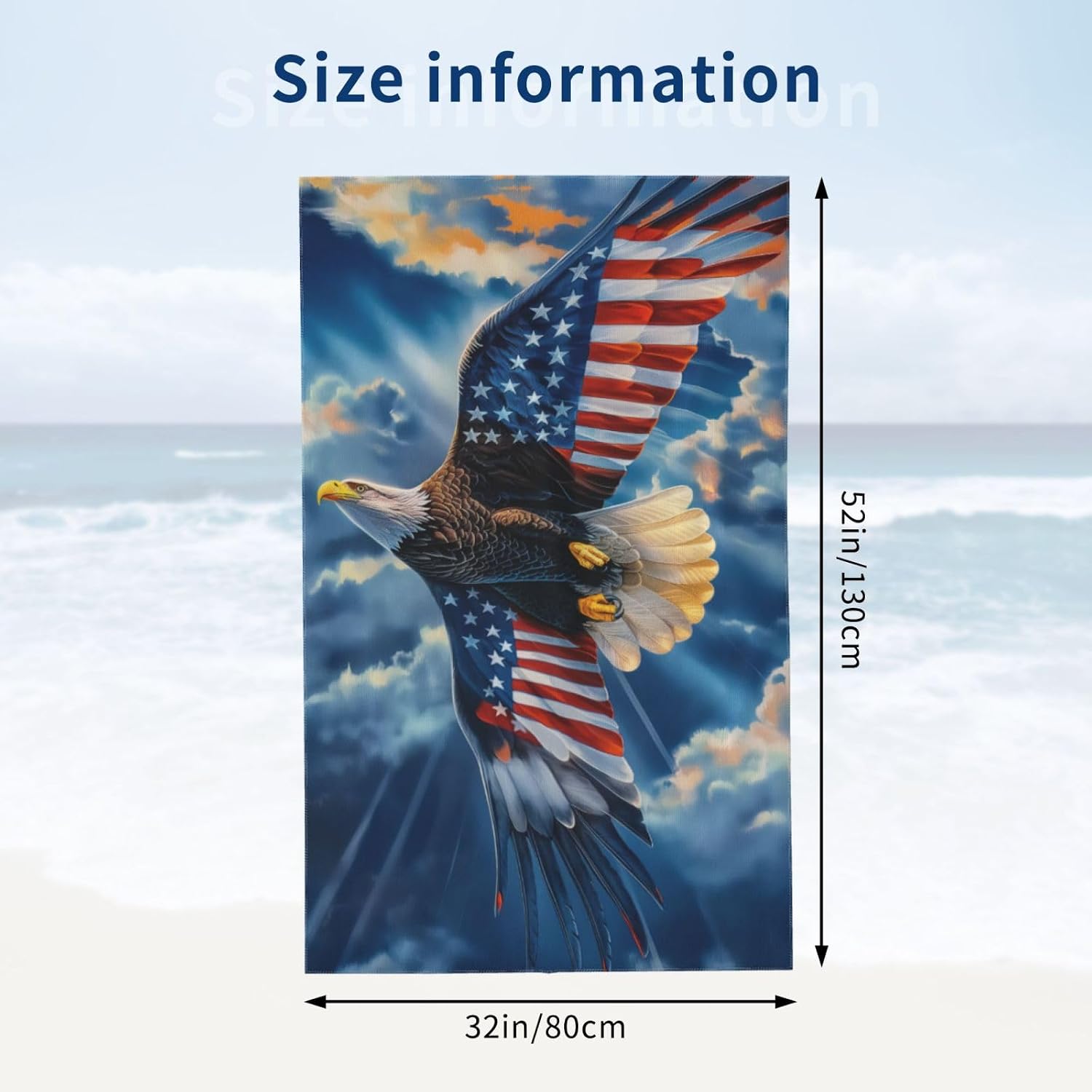 Bald Eagle Beach Towel, Soaring Freedom Design with American Flag Wing and Dramatic Sky, Patriotic Summer Towels for 4th of July, Outdoor Pool, Travel, Camping, Bath Decor Gifts, 32x52 Inch