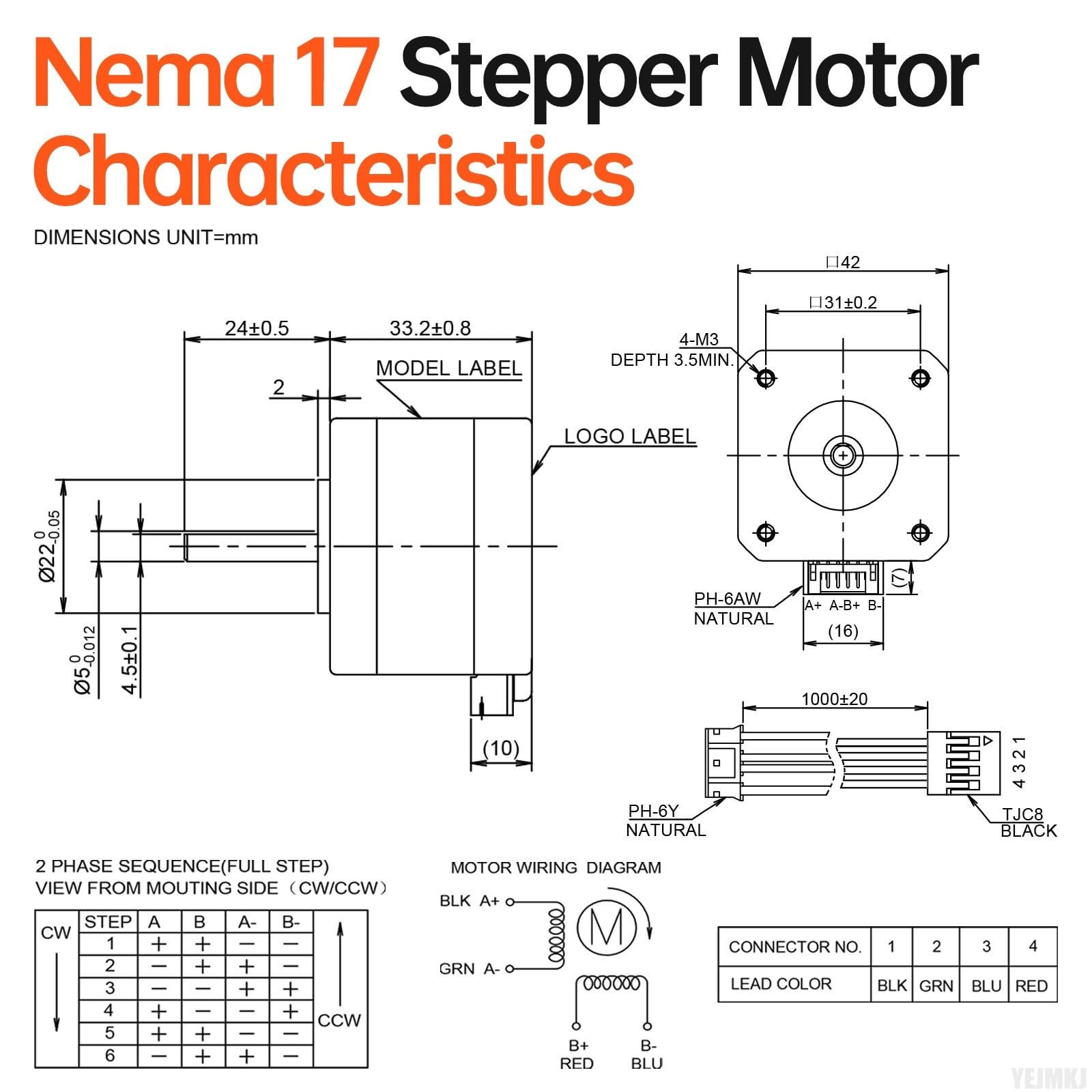 Lot de 5 moteurs pas à pas Nema 17 1,8 ° 2 phases couple élevé 0,29 nm bipolaire 42 x 34 mm 0,4 A 30 Ω arbre 4 fils 24 mm φ5 mm 42 câbles de moteur pas à pas 1 m pour imprimante 3D DIY Robot
