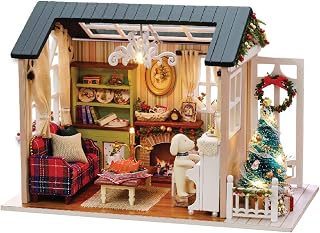 Aibecy Kit de casa de bonecas em miniatura DIY Festival Mini realista 3D Casa de madeira artesanato com mobília Luzes LED Dia das Crianças Decoração do festival de presente de aniversário
