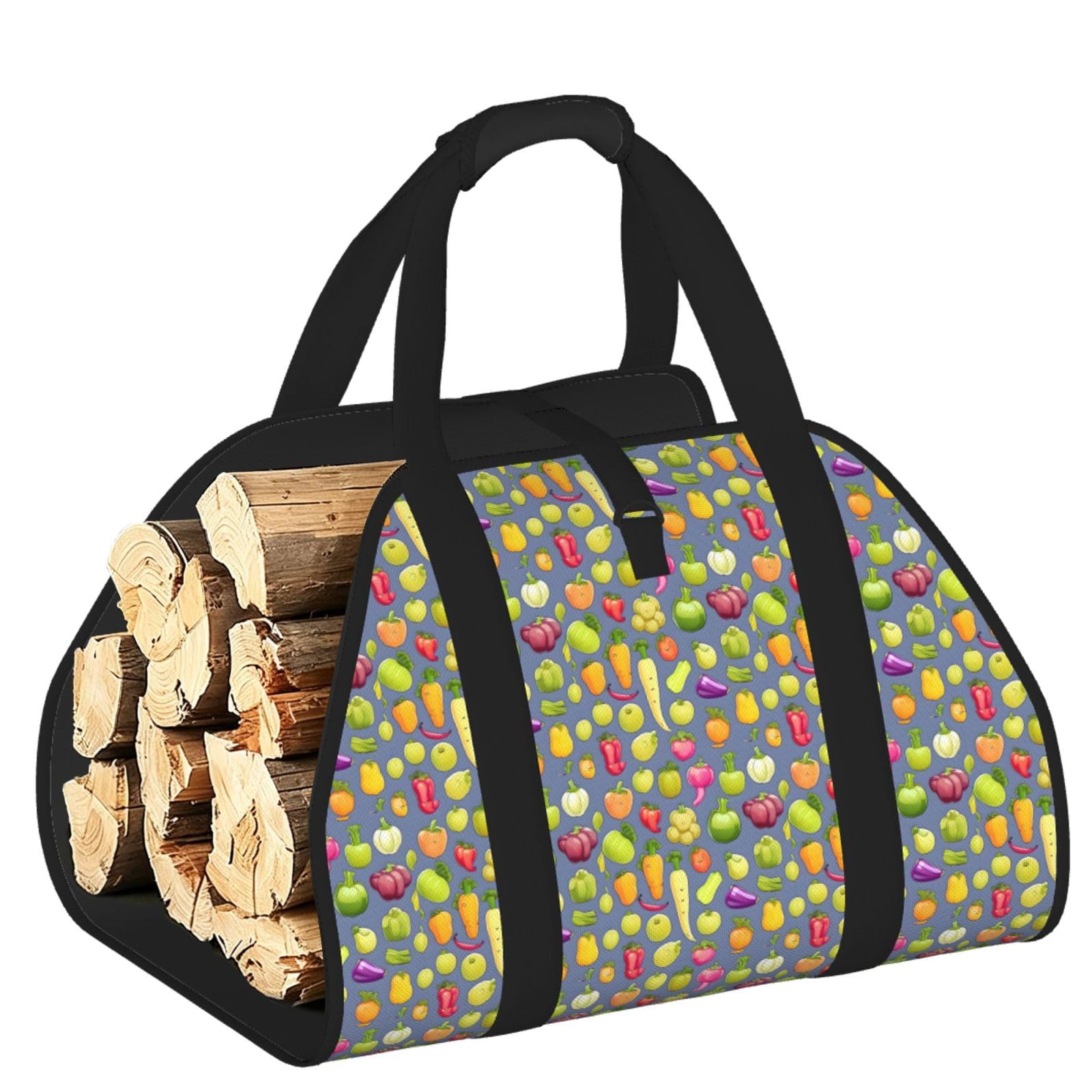 Ayyqwe Black Cartoon Vegetable Fruit Print Firewood Bag Wood Waterproof Versatile Camping Picnic Storage Daily Home