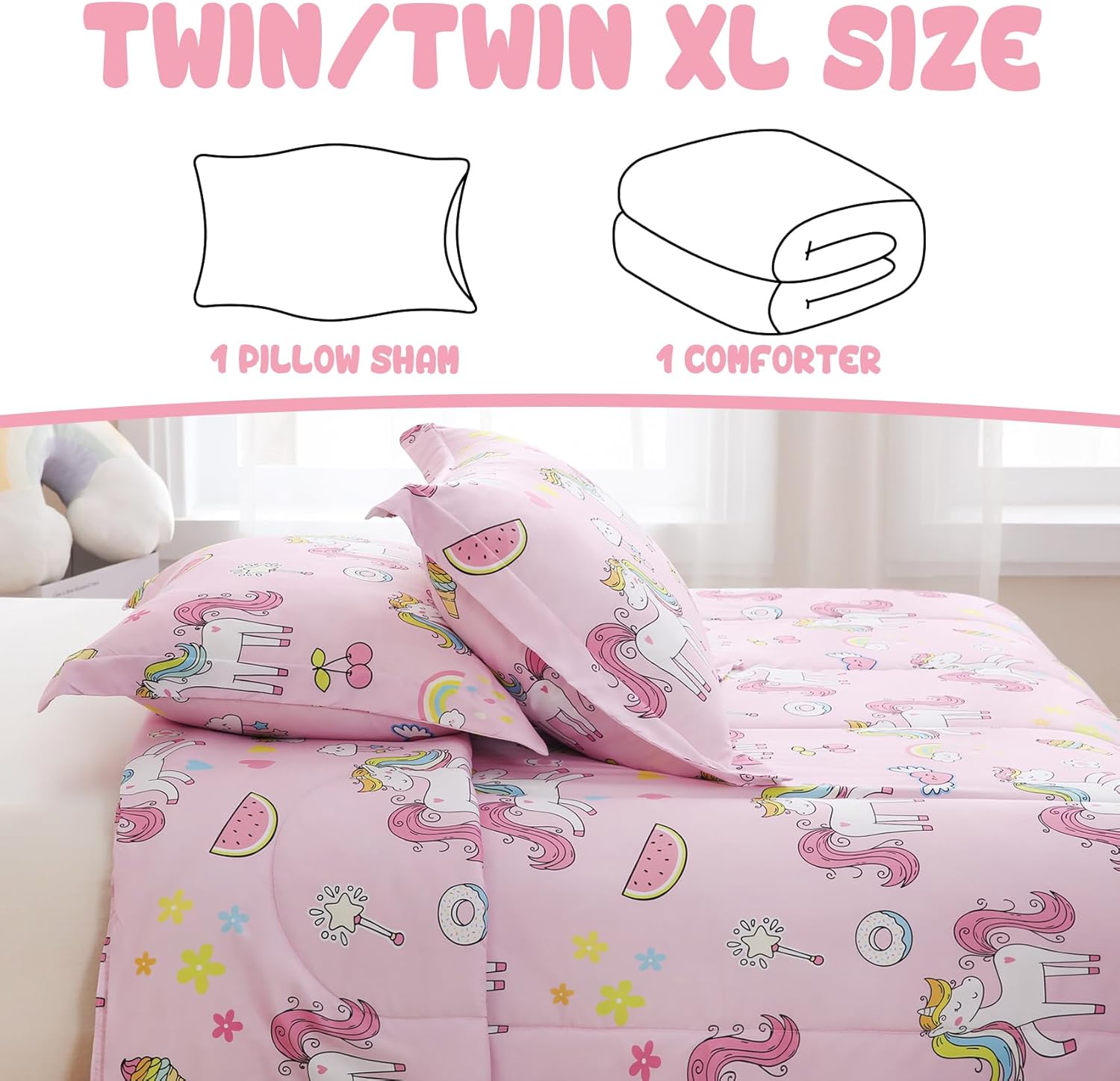 Yibeizi Pink Unicorn Comforter Set for Girls Twin, Kids Rainbow Sweet Printed Bedding Set with Pillow Sham, Cute Lightweight Soft Breathable Machine Washable Quilted Bed Comforter Set 2 Piece