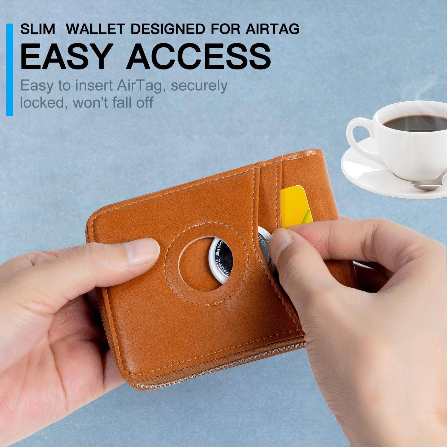 Huztencor AirTag Wallet, Mens Wallet Zipper RFID Slim Leather RFID Credit Card Wallet with Built-in Case Holder for Apple AirTag Oil Brown - Image 4