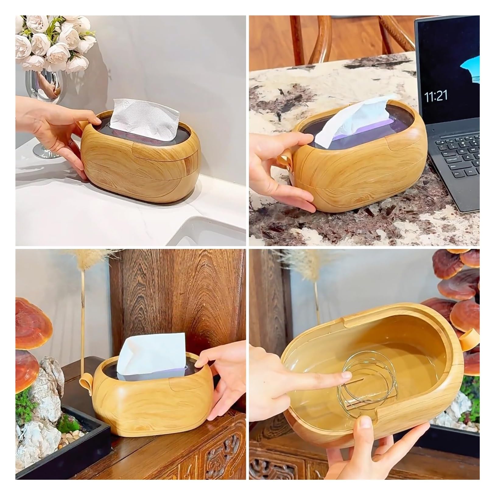 Ozdobne pudełko na chusteczki Vintage uchwyt na chusteczki z pokrywką ścienną, imitacja drewna, owalny uchwyt wbudowana sprężyna estetyczny wystrój domu (1 x Walnut+1 Beech)
