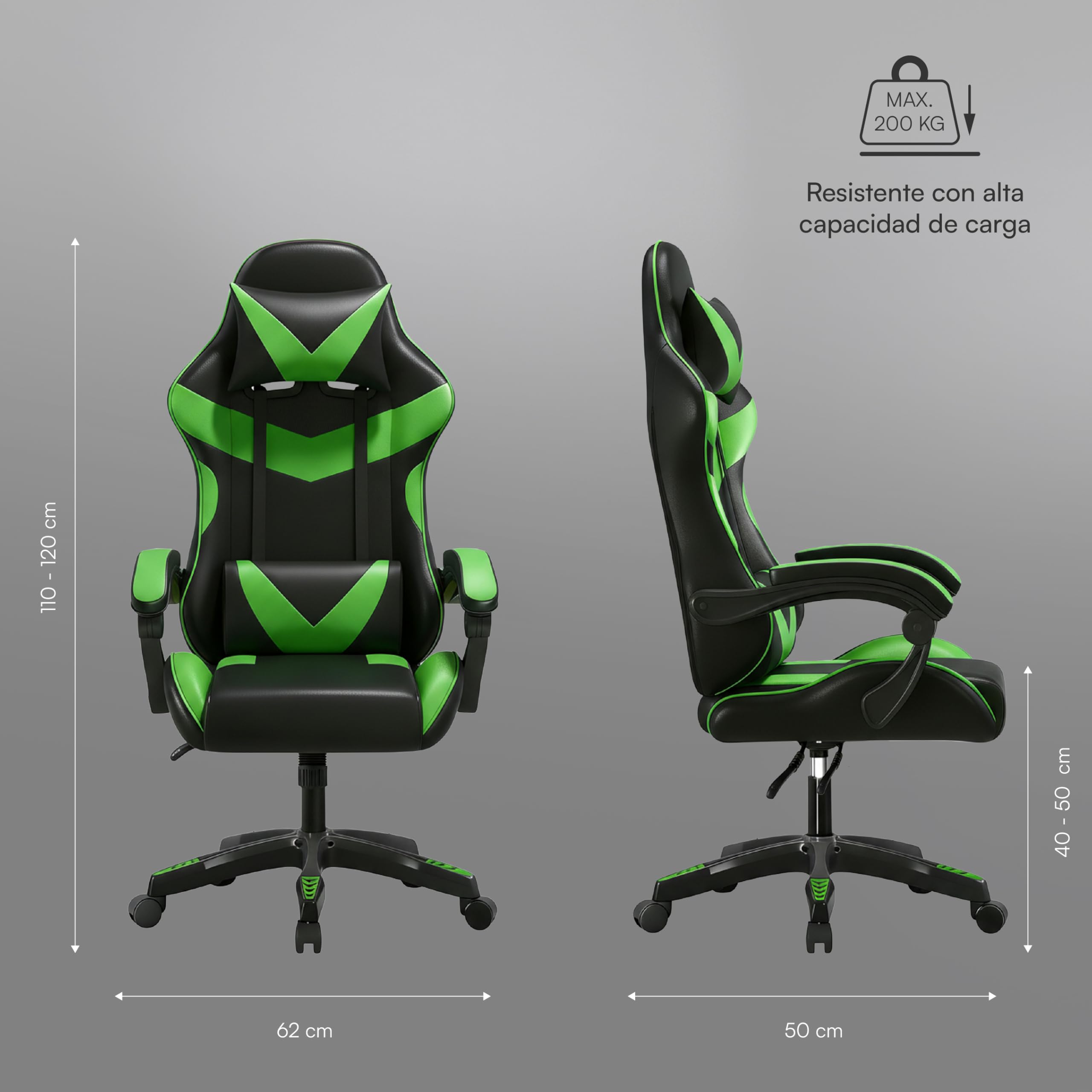 Baroni Home Silla Gaming con respaldo ergonómico inclinable y altura ajustable, silla de oficina con soporte lumbar, reposacabezas acolchado, 50 x 62 x 110-120 cm, negra y verde