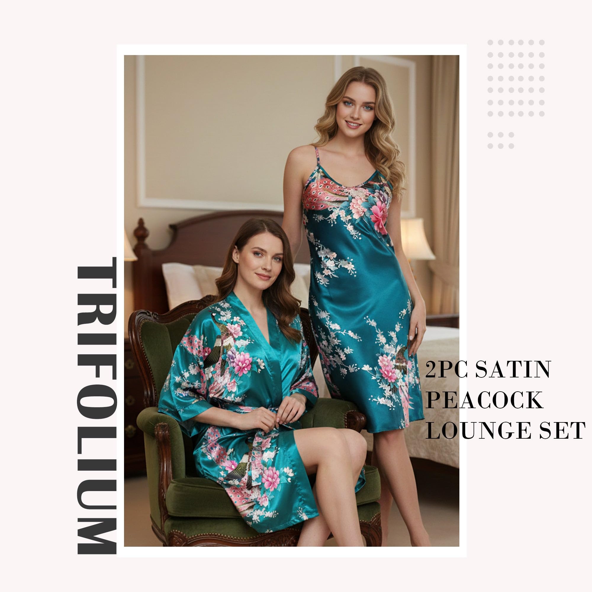 Trifolium Kimono Robe And Chemise Silky Peacock Satin Nightgown Bathrobe Wedding Negligee Nightdress — view 2
