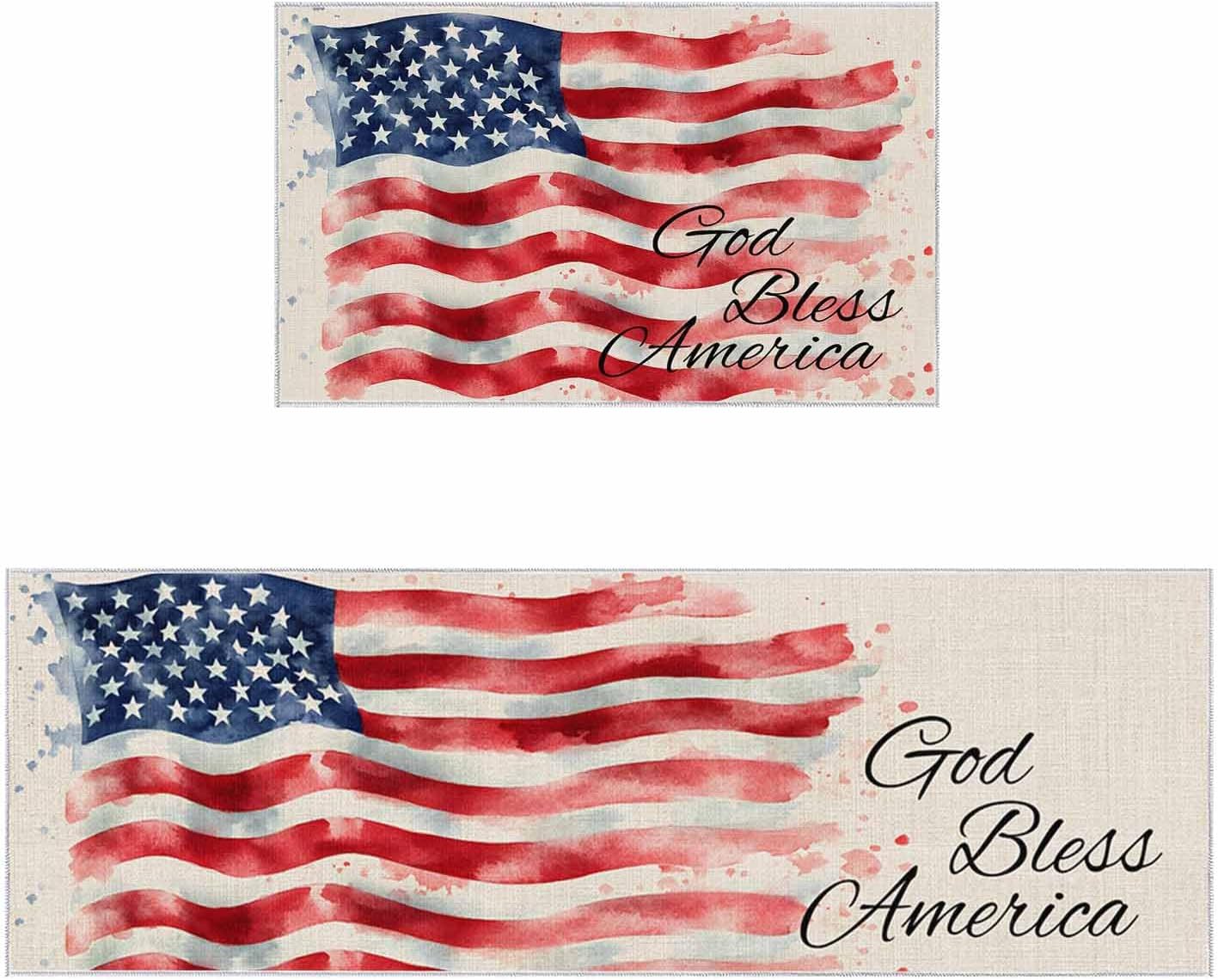 2 Pieces Kitchen Rugs and Mats,4th of July Vintage Linen USA Flag Area Runner Rug Set Non Slip Floor Doormat Washable Carpet Standing Mat for Kitchen Sink Indoor Corridor,American Star Stripe Theme