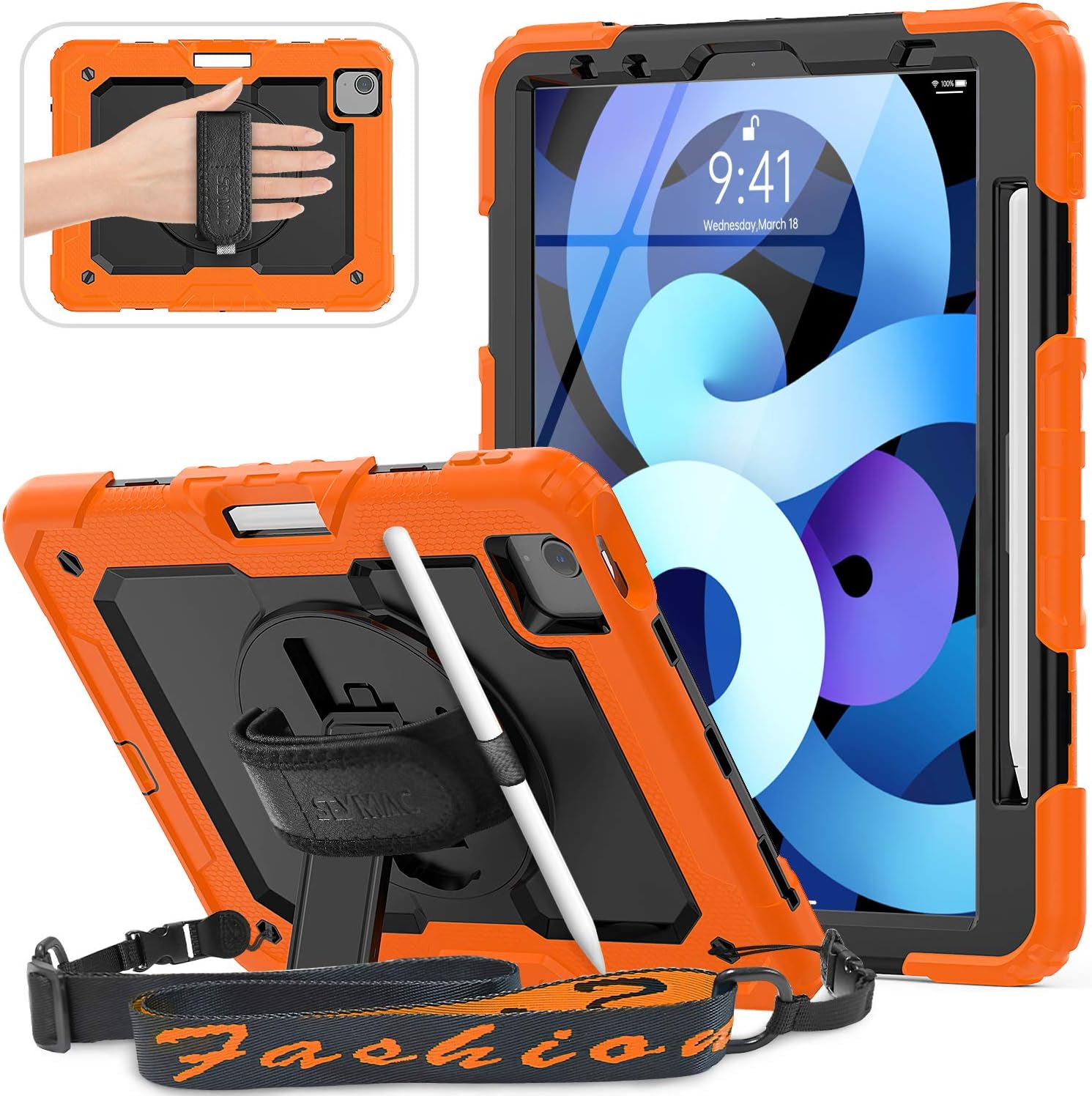 SEYMAC Case for iPad Air 5th/4th Generation 10.9 inch, for iPad Pro 11 inch, Heavy Duty Pro 11 Case With Screen Protector/Hand Strap/Shoulder Strap/Stand, Orange