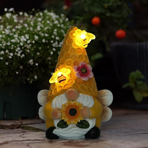 Miniatura 1 de Esculturas de gnomos de jardín para exteriores y decoración del hogar con luces solares de abeja, estatuas de jardín, regalos de girasol para