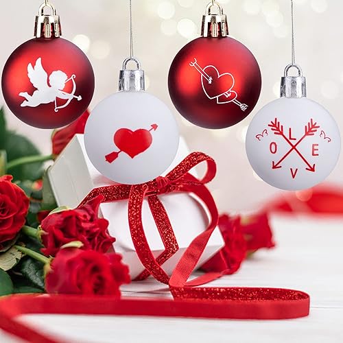 Miniatura 7 de Deloky 24 adornos de bola para el día de San Valentín, adornos de bola colgante de corazón de Cupido rojo y blanco de 1.5 pulgadas, decoraciones del
