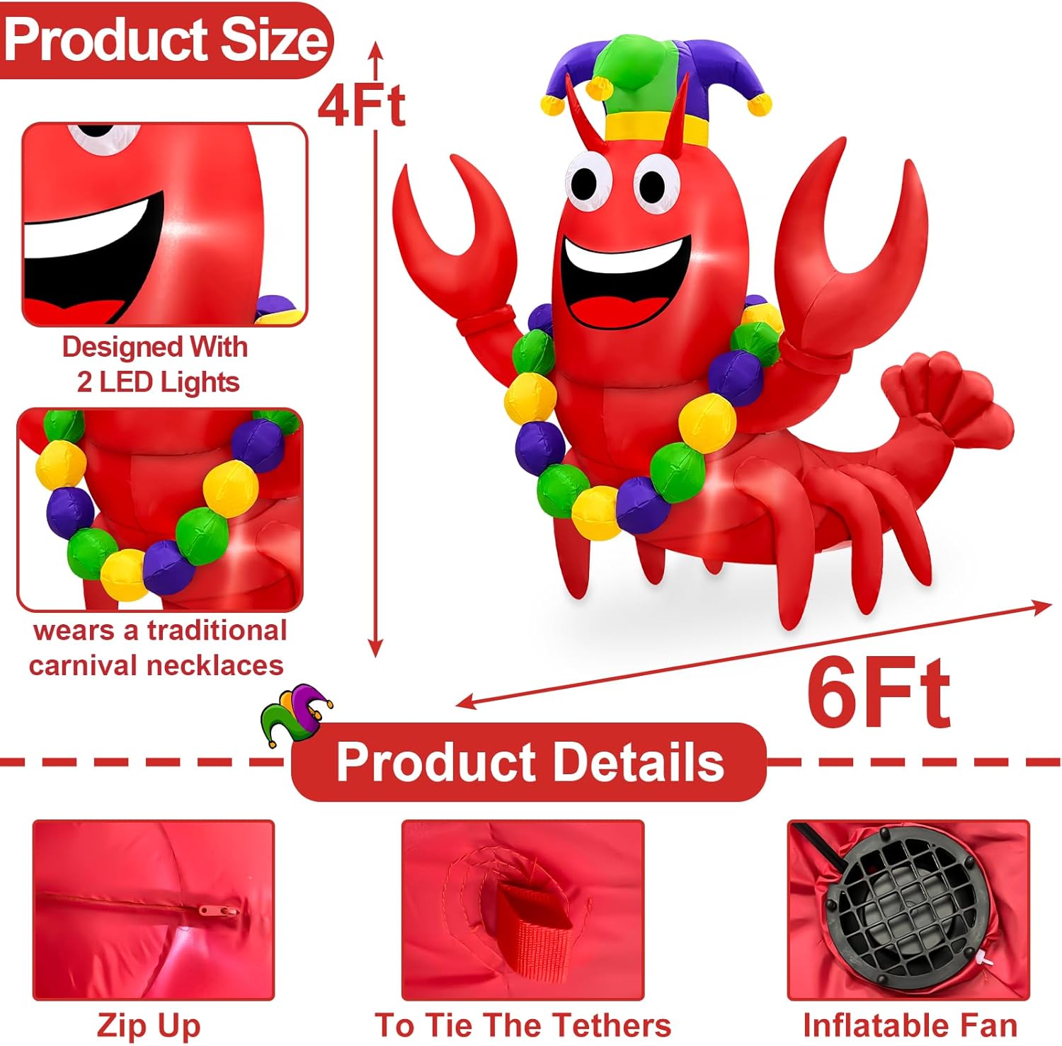 TURNMEON 6 Ft Mardi Gras Inflatable Outdoor Decorations Blow Up Lobster with Crown Mask Necklace Built-in LED Lights Mardi Gras Decorations Yard Lawn Garden Home Indoor Carnivals Party - Image 3