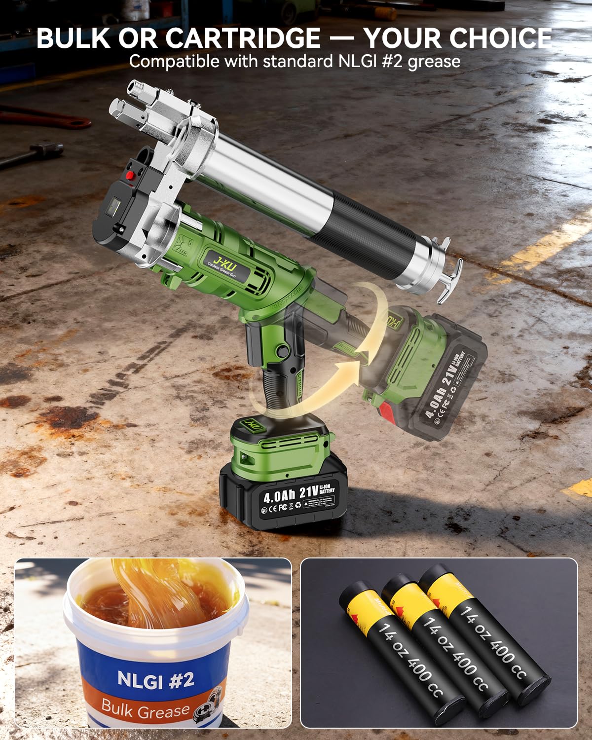 Pistola Engrasadora a Batería 2 en 1 con 2 x 4.0Ah, 12000 PSI Eléctrica Pistolas de Engrase con Manguera de 100cm(39.4") & Acoplador 90°, Luz LED, Bomba de Engrase Para Tractor y Industrial, 400cc