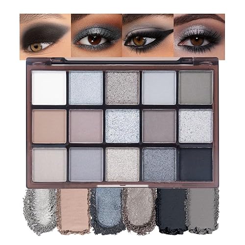 CAKAILA Smokey Black Eye Shadow Makeup Palette,15 Colors Gray Silver